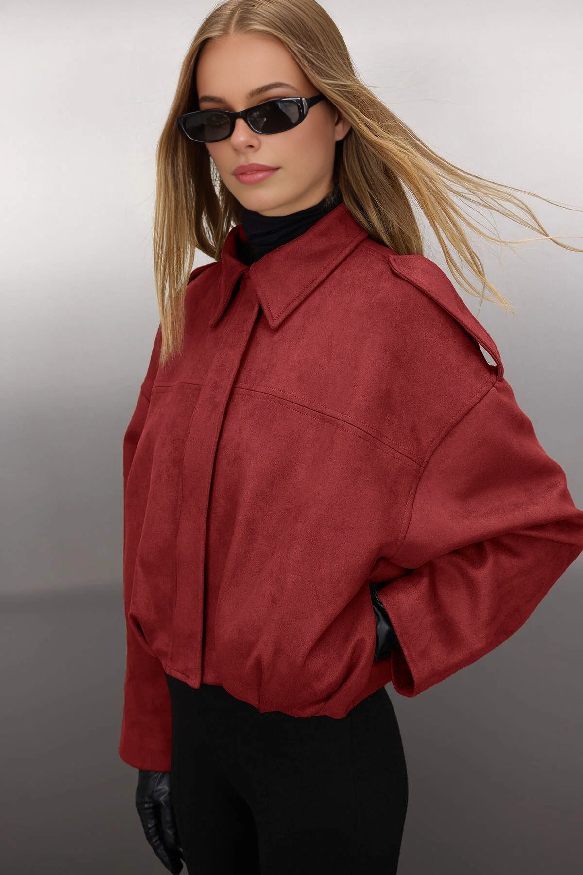 Oversize Fit Suede Bomber Thin Jacket