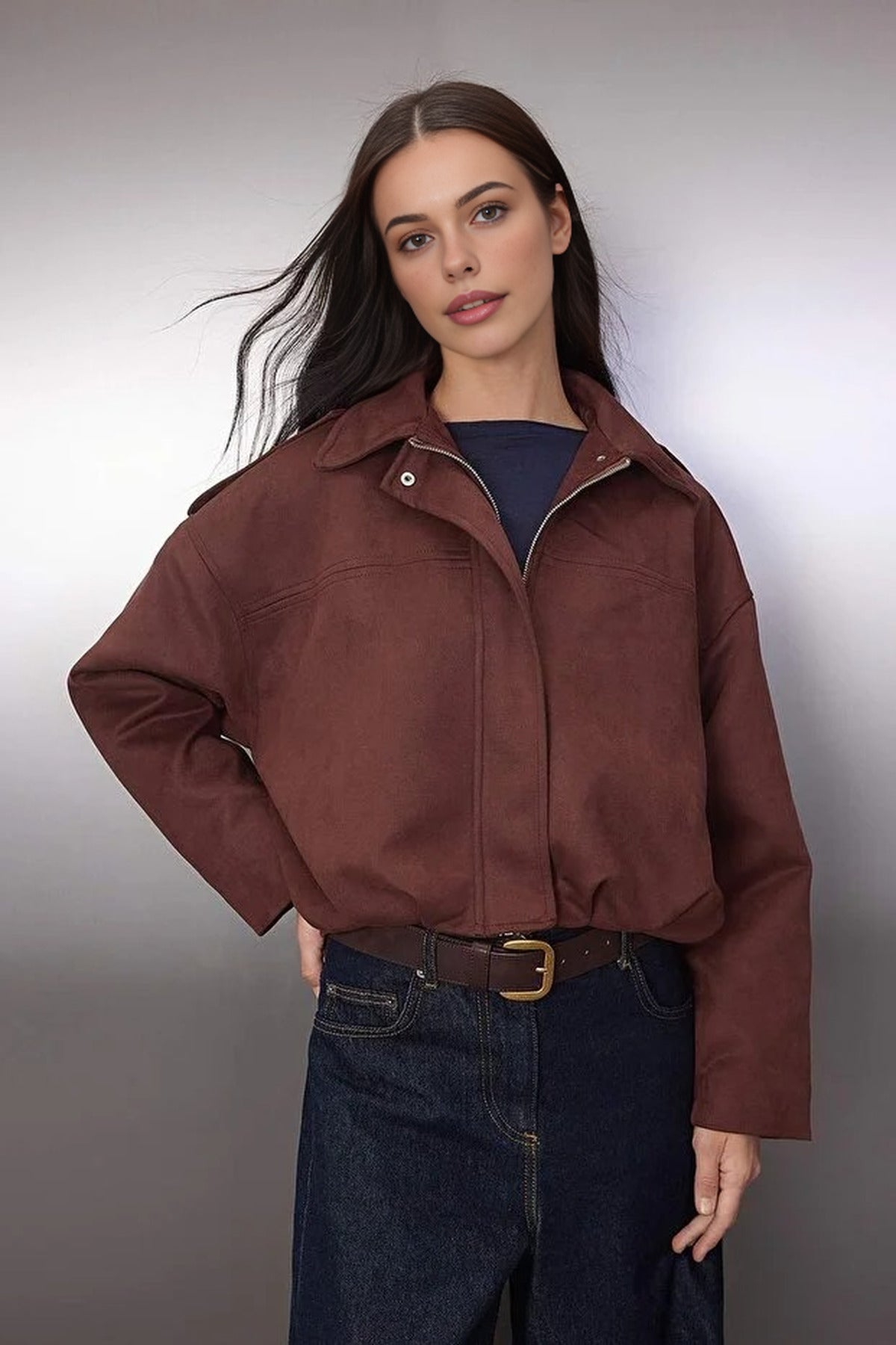 Oversize Fit Suede Bomber Thin Jacket