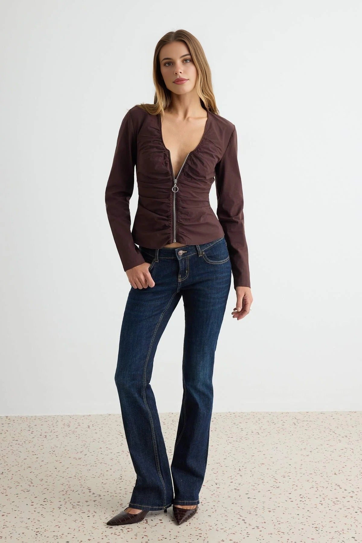 V Neck Long Sleeve Zip Detail Poplin Blouse