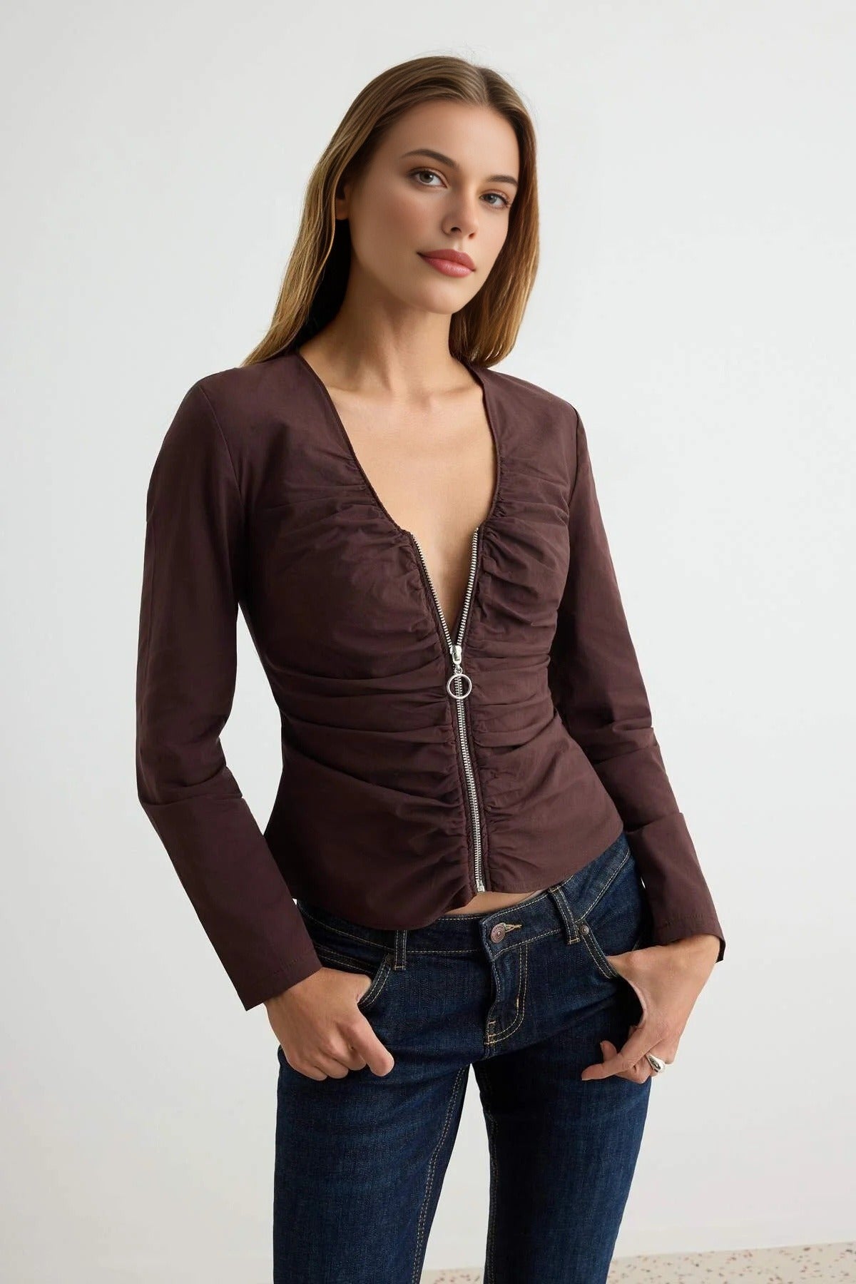 V Neck Long Sleeve Zip Detail Poplin Blouse