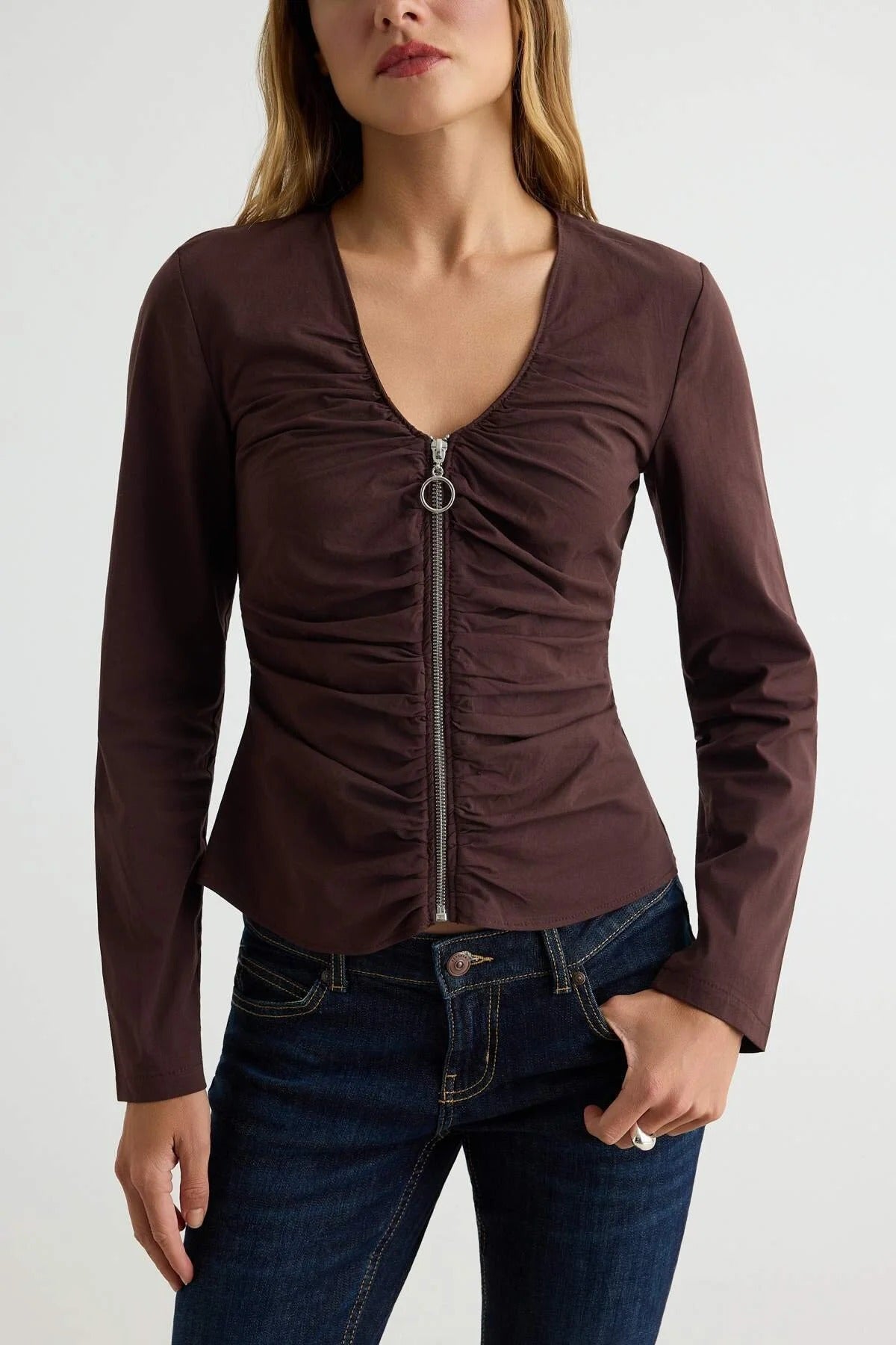 V Neck Long Sleeve Zip Detail Poplin Blouse