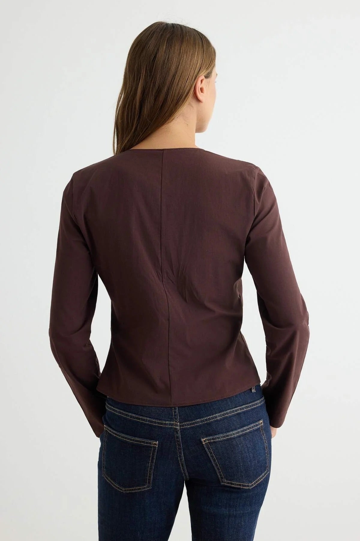 V Neck Long Sleeve Zip Detail Poplin Blouse