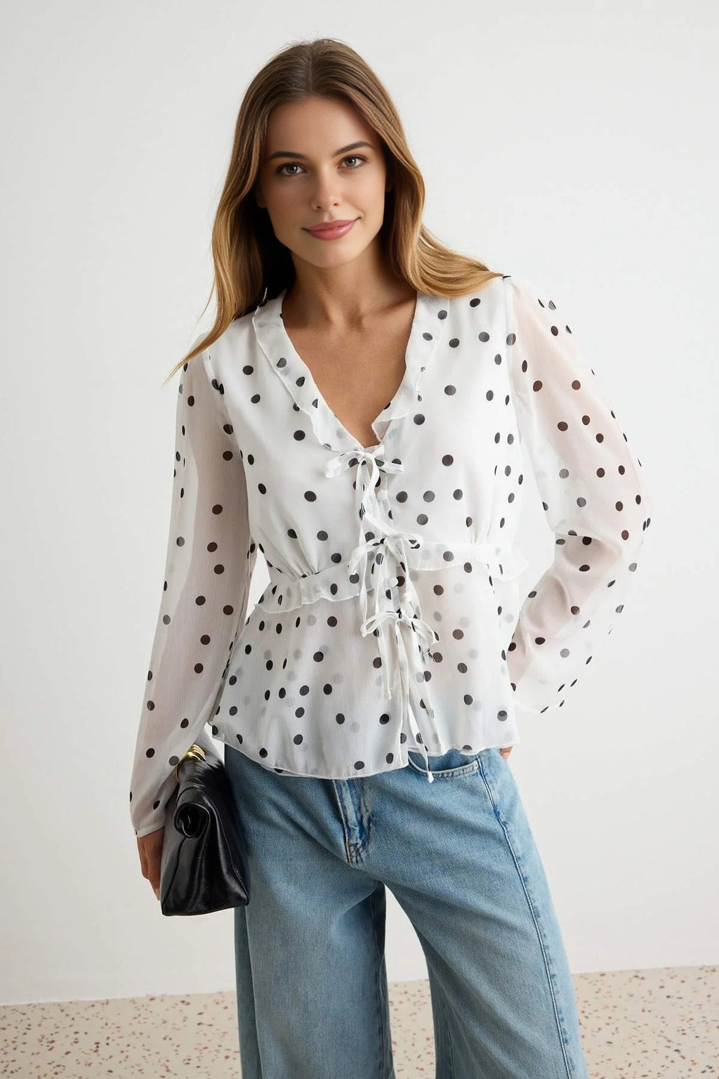 V Neck Long Sleeve Frill Detail Lined Chiffon Blouse
