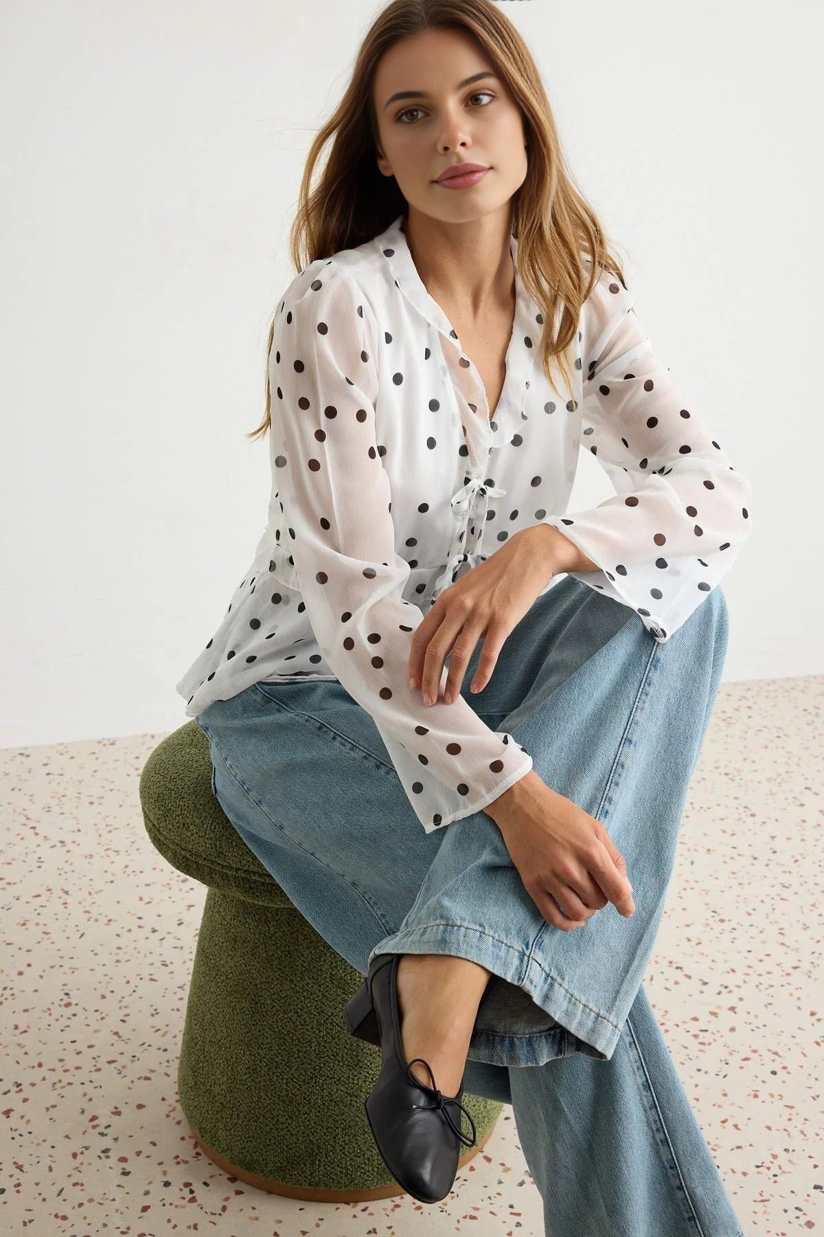 V Neck Long Sleeve Frill Detail Lined Chiffon Blouse