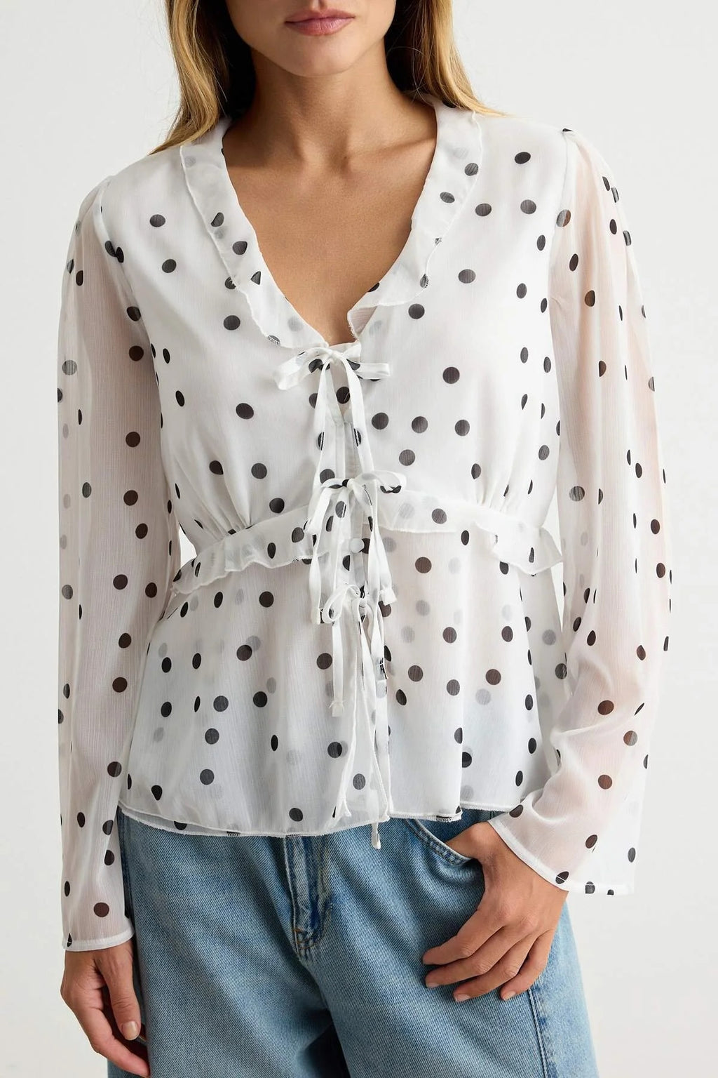 V Neck Long Sleeve Frill Detail Lined Chiffon Blouse