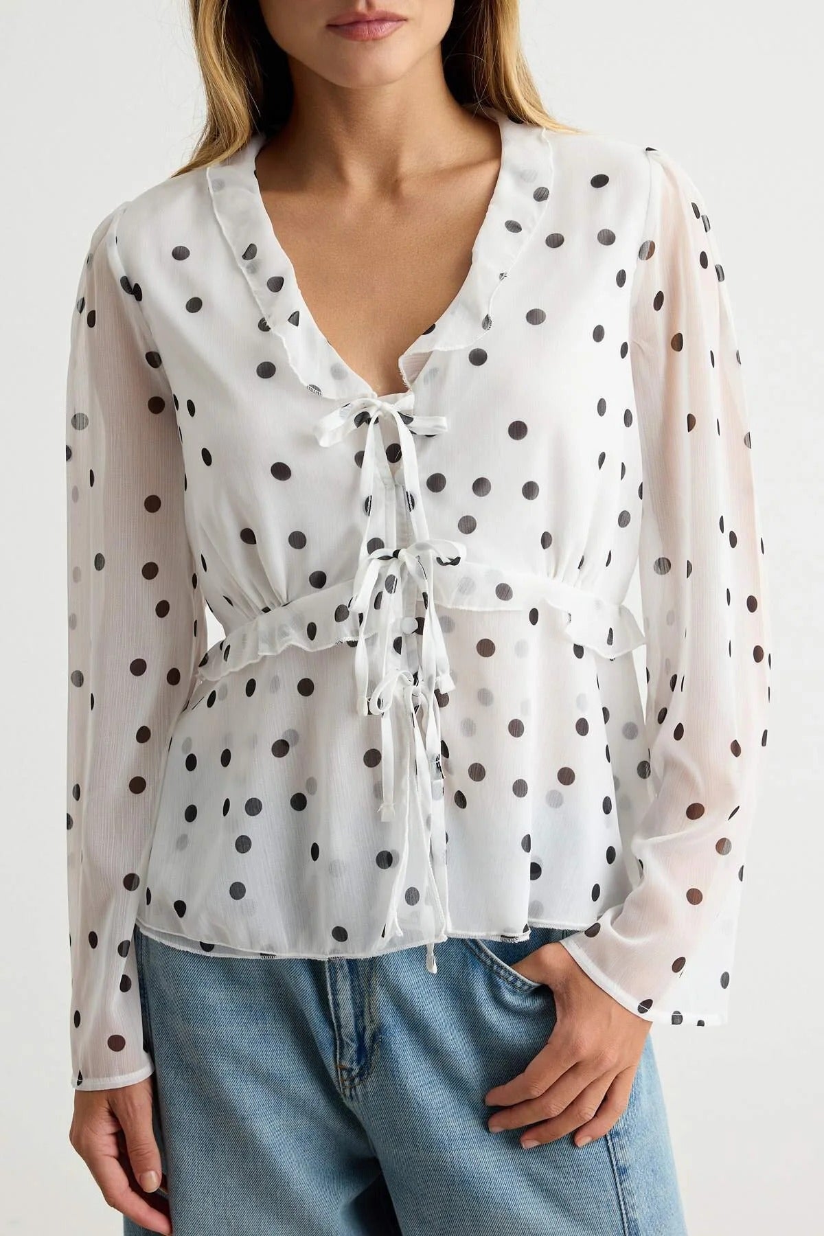 V Neck Long Sleeve Frill Detail Lined Chiffon Blouse