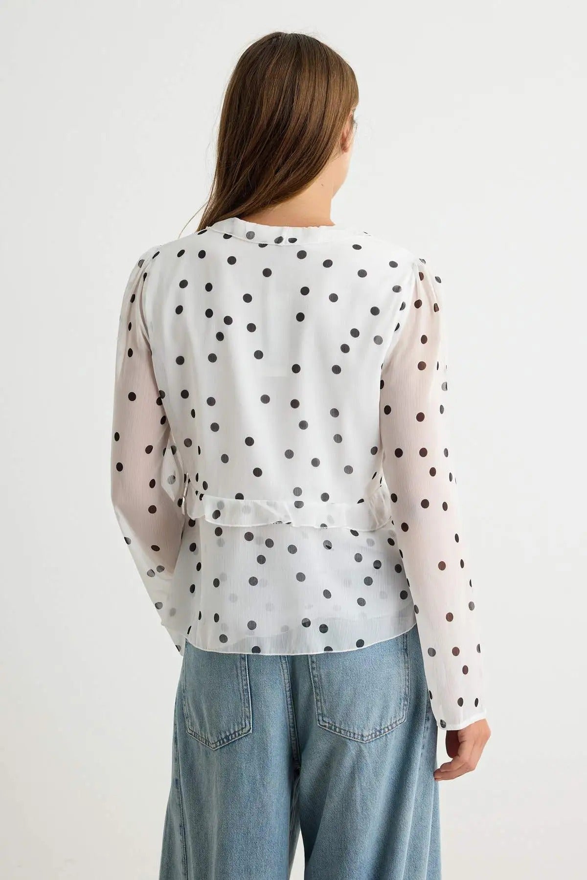 V Neck Long Sleeve Frill Detail Lined Chiffon Blouse