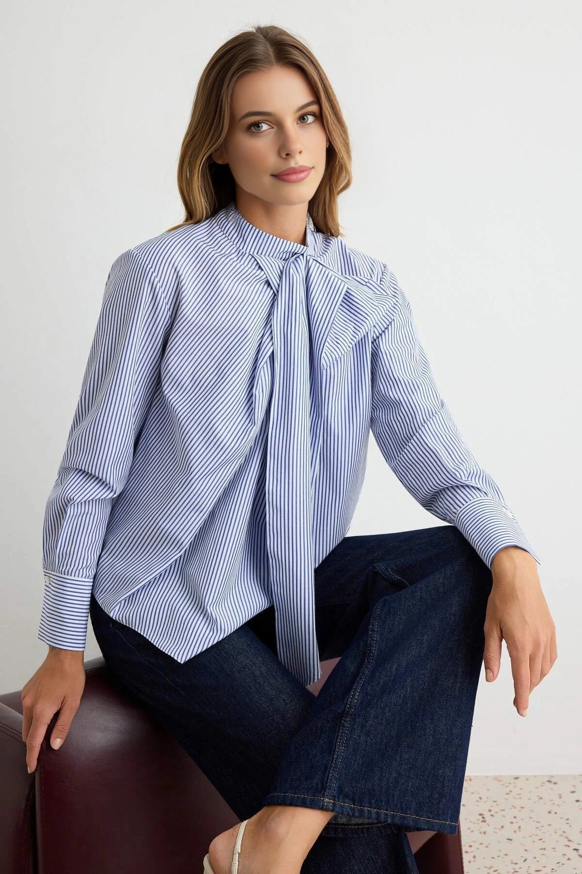 Scarf Neck Long Sleeve Relaxed Blouse