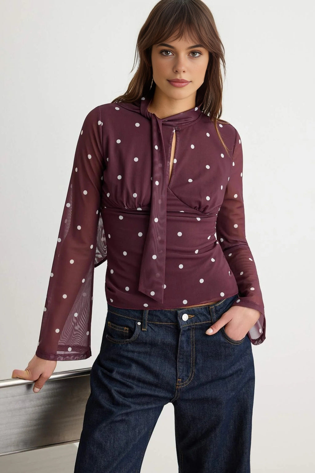 Fitted Keyhole Neck Long Sleeve Blouse with Scarf Detail