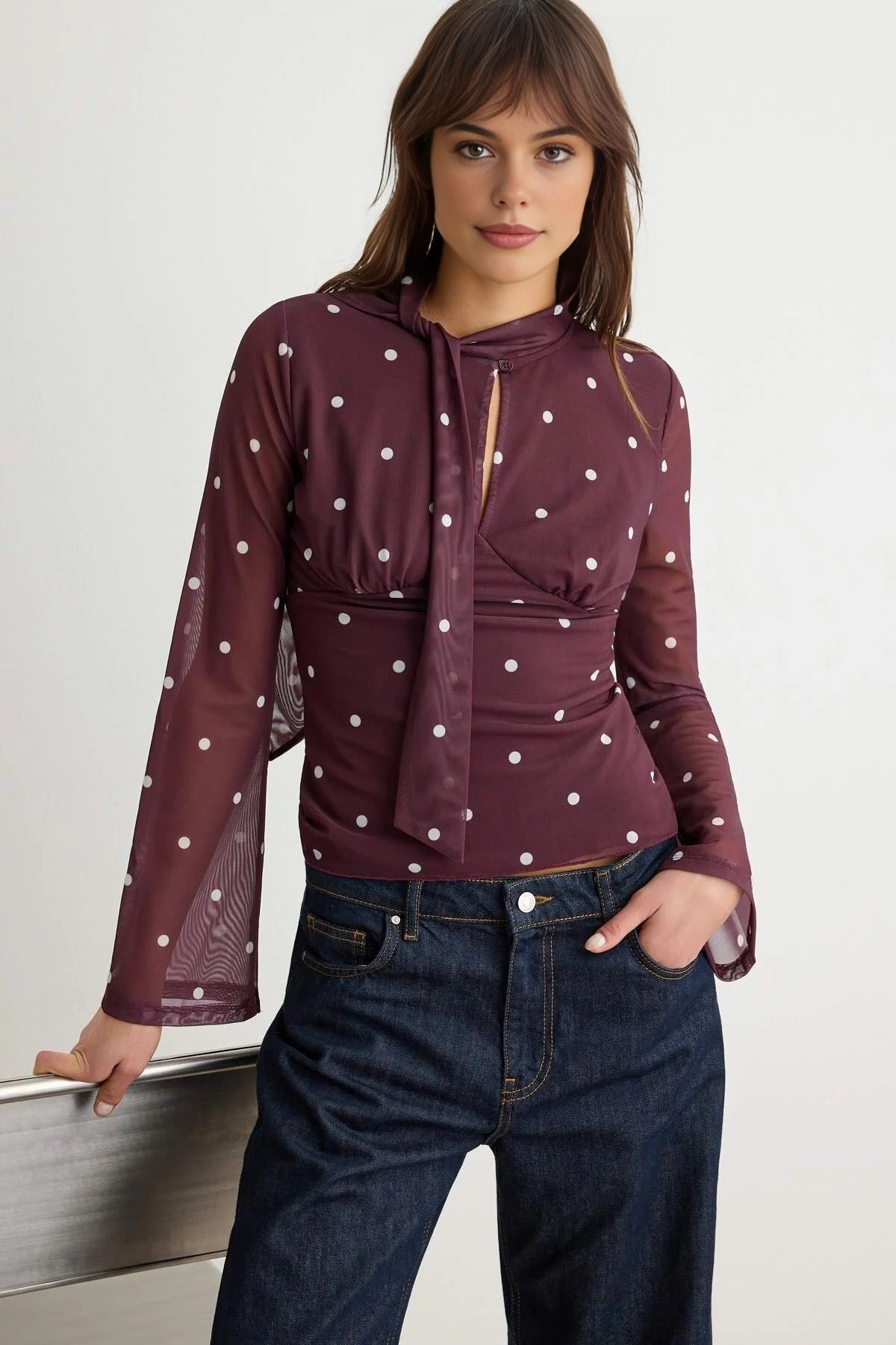 Fitted Keyhole Neck Long Sleeve Blouse with Scarf Detail