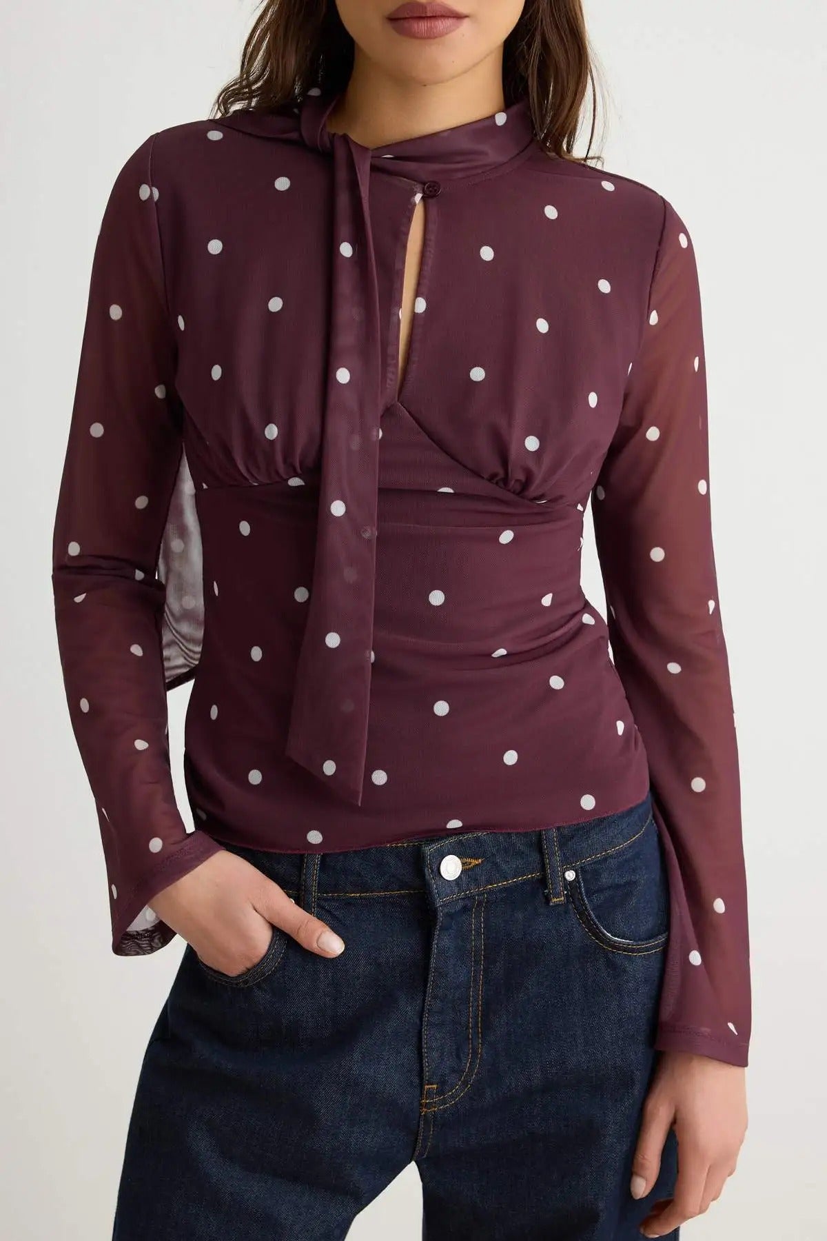 Fitted Keyhole Neck Long Sleeve Blouse with Scarf Detail