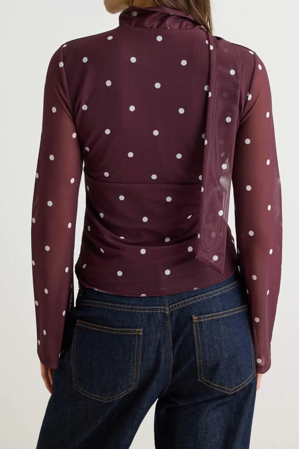 Fitted Keyhole Neck Long Sleeve Blouse with Scarf Detail