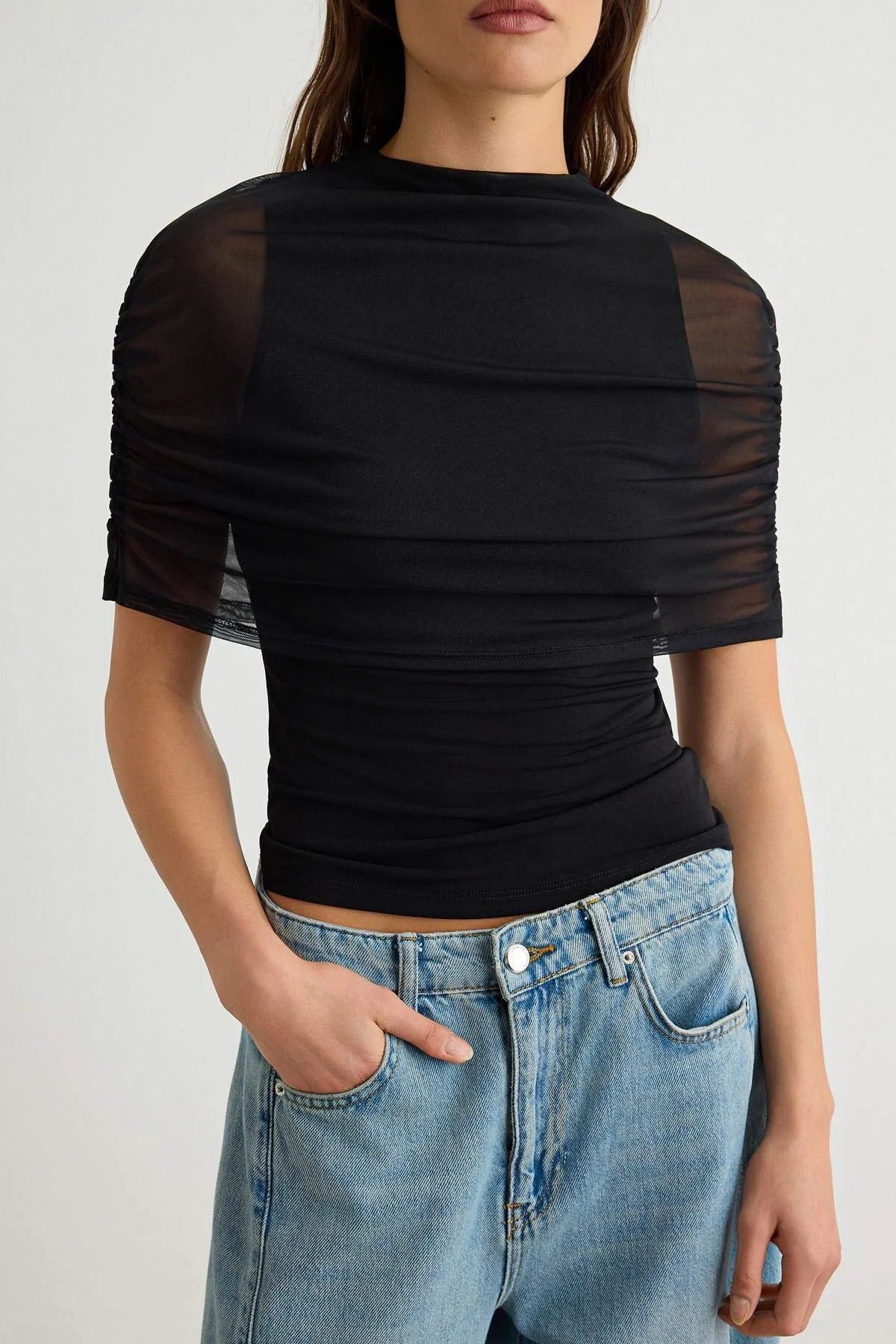 Cape Detail Fitted High Neck Double Layer Sleeveless Knit Blouse