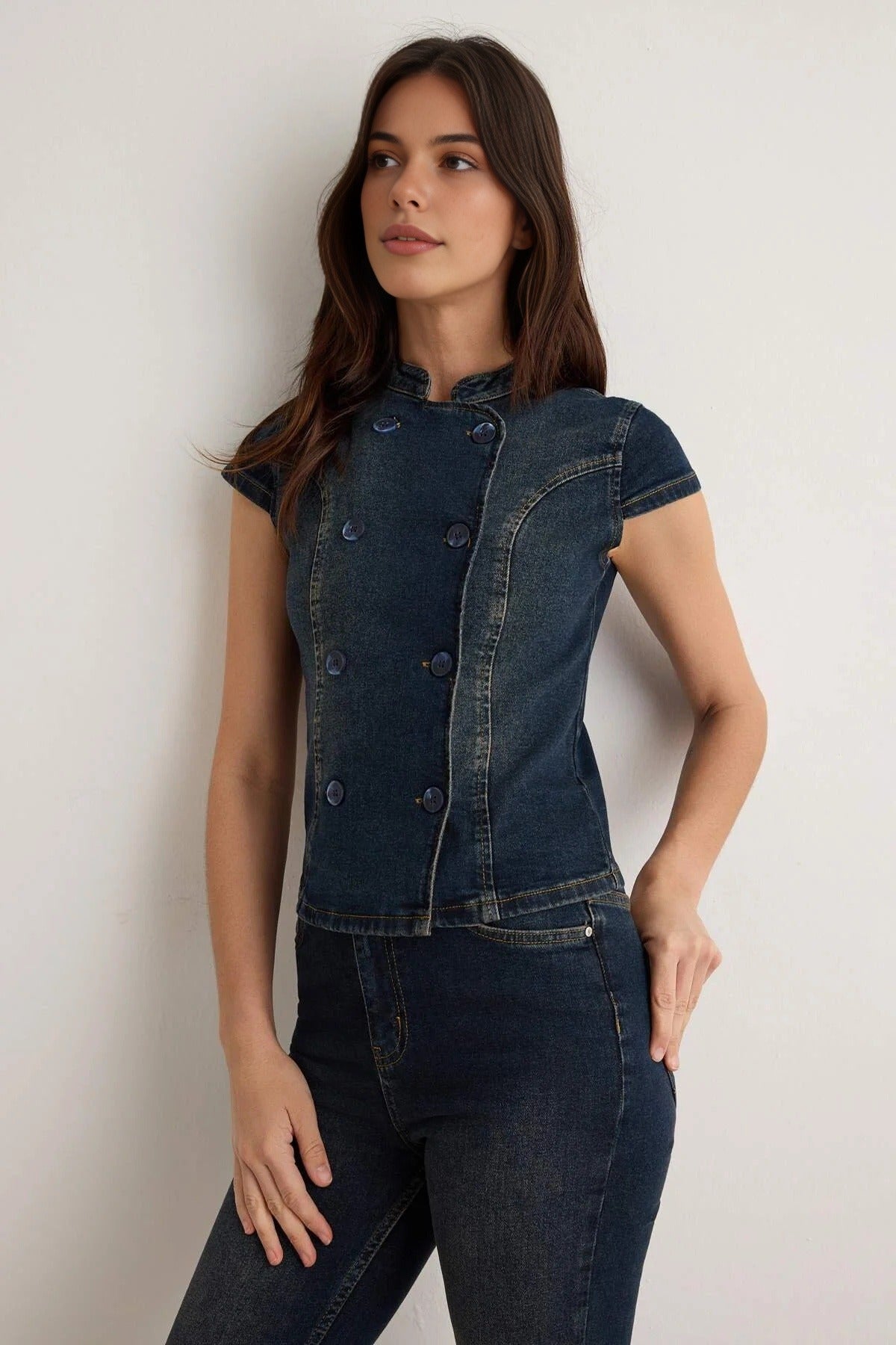 Mandarin Collar Short Sleeve Button Front Denim Blouse