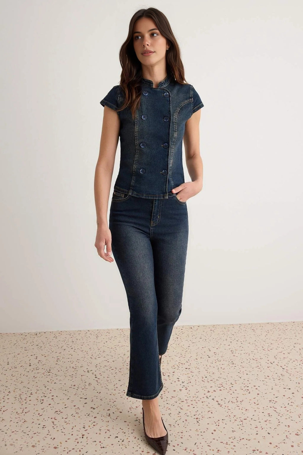 Mandarin Collar Short Sleeve Button Front Denim Blouse