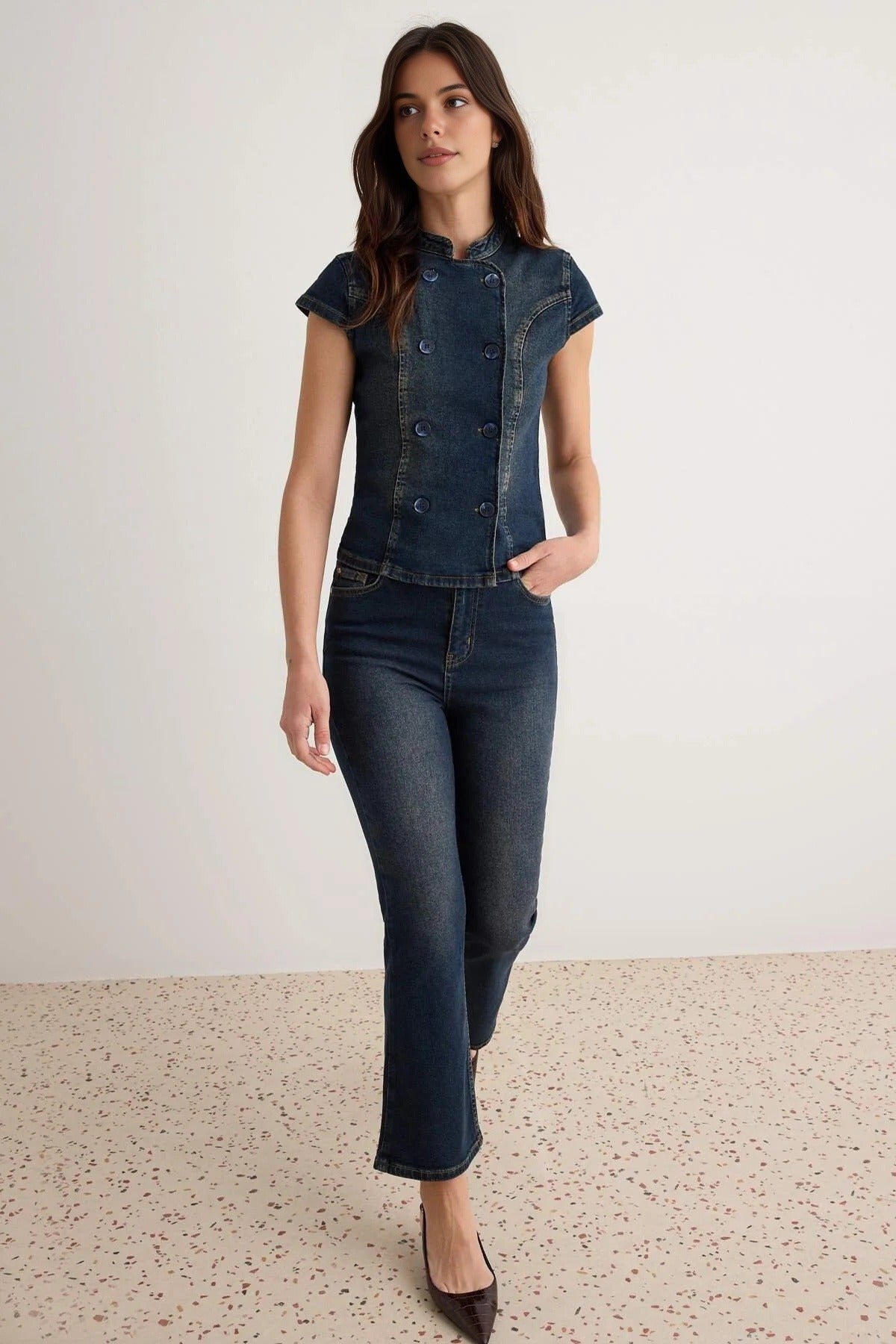 Mandarin Collar Short Sleeve Button Front Denim Blouse