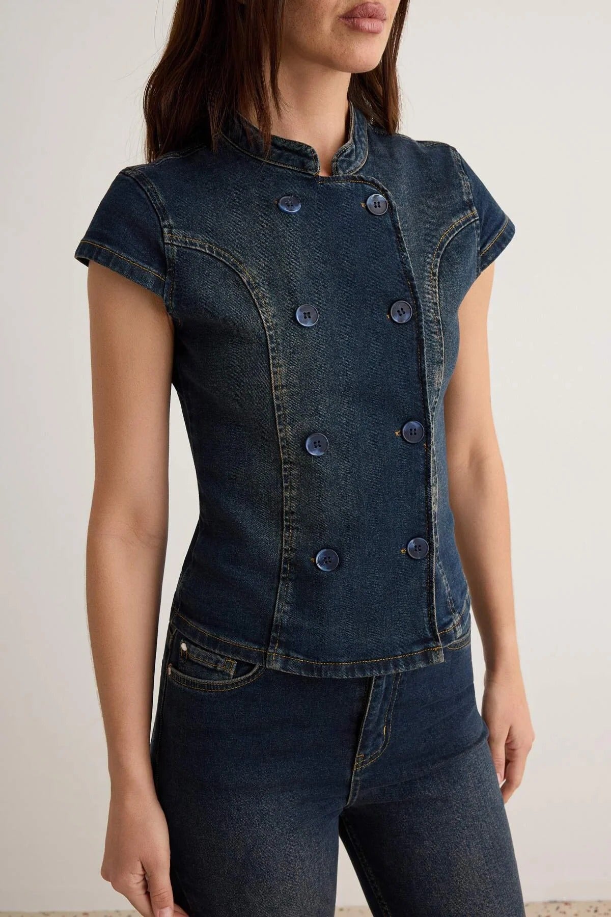 Mandarin Collar Short Sleeve Button Front Denim Blouse