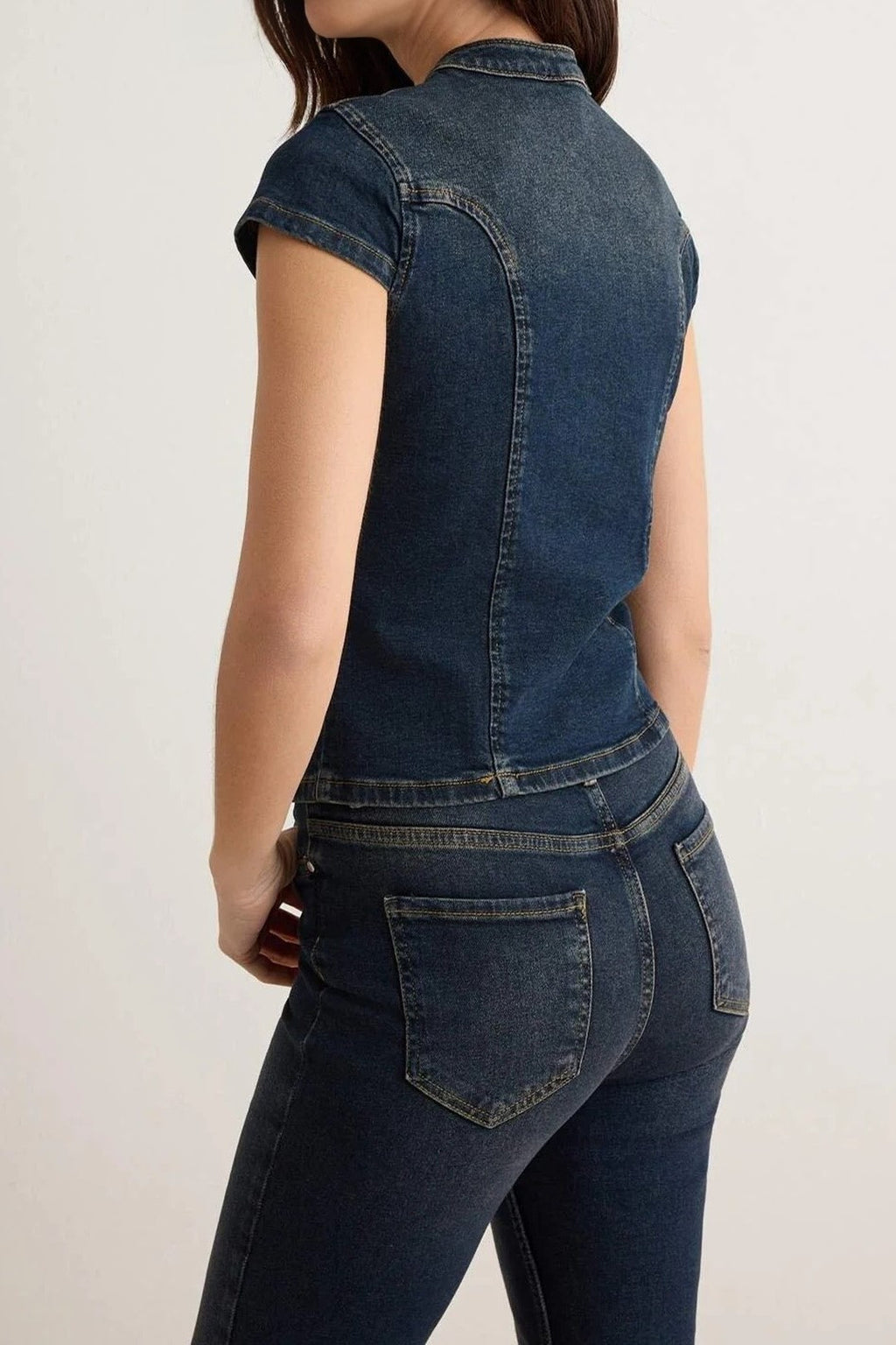 Mandarin Collar Short Sleeve Button Front Denim Blouse
