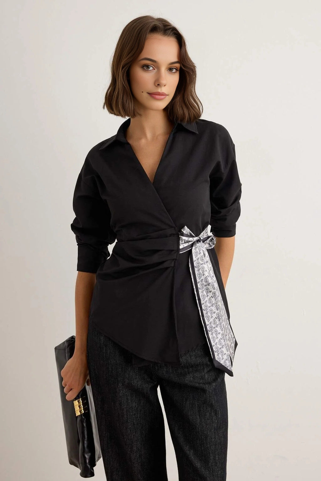 Collared Long Sleeve Wrap Detail Blouse