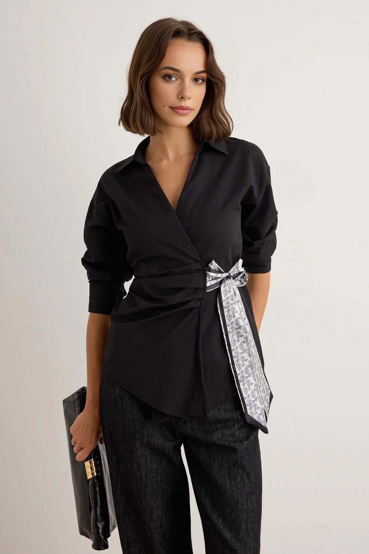 Collared Long Sleeve Wrap Detail Blouse