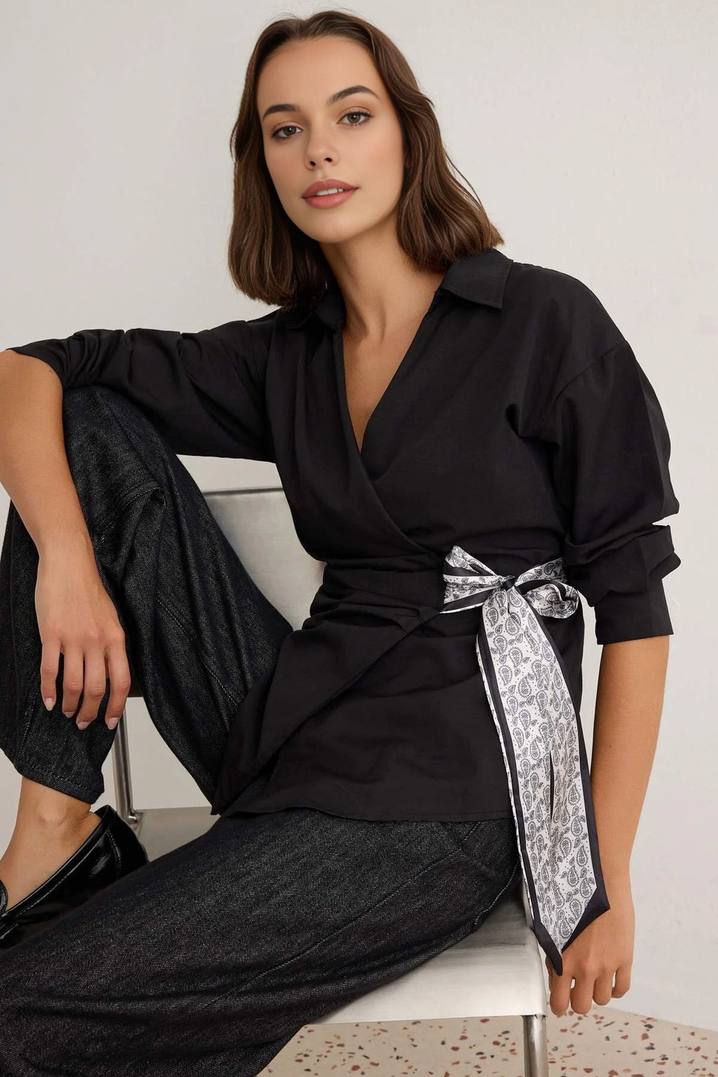 Collared Long Sleeve Wrap Detail Blouse