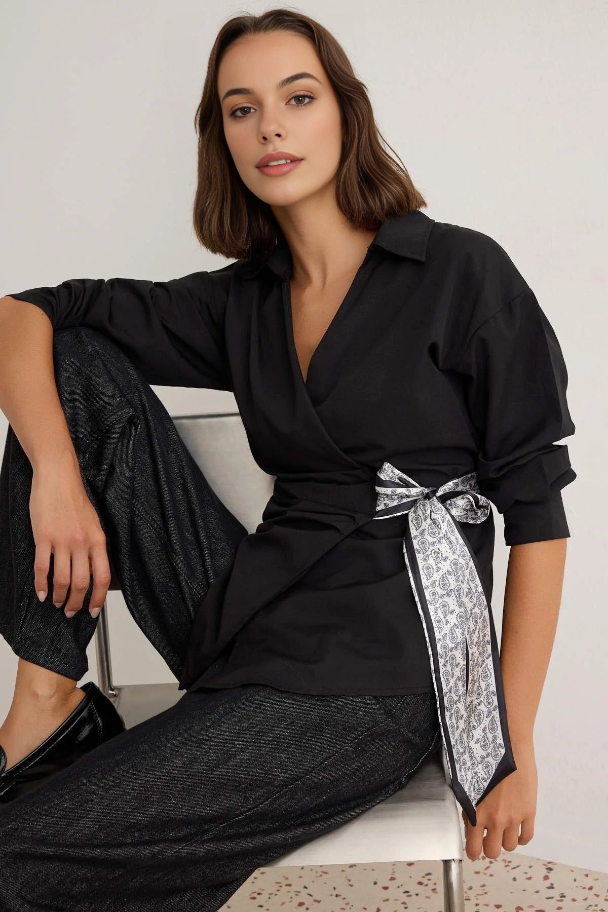 Collared Long Sleeve Wrap Detail Blouse