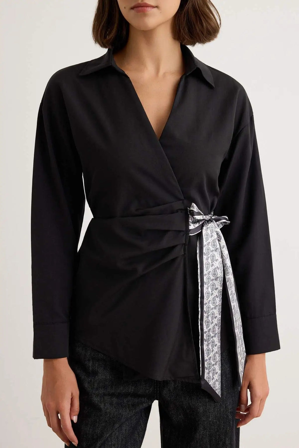 Collared Long Sleeve Wrap Detail Blouse