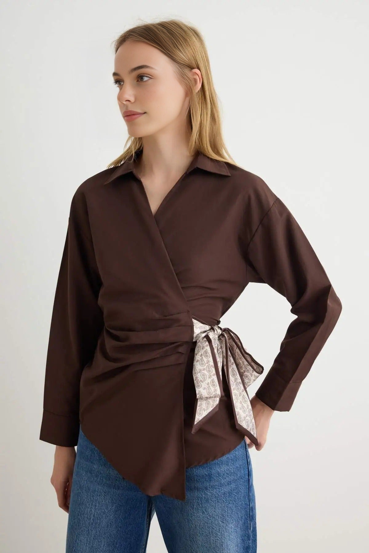 Collared Long Sleeve Wrap Detail Blouse