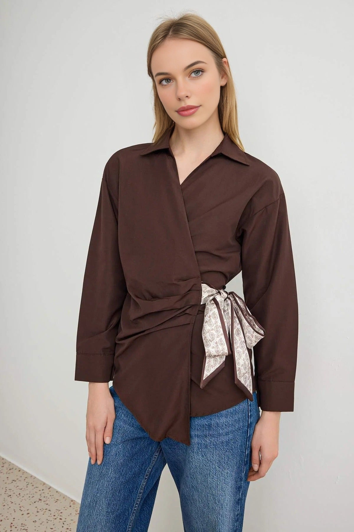 Collared Long Sleeve Wrap Detail Blouse