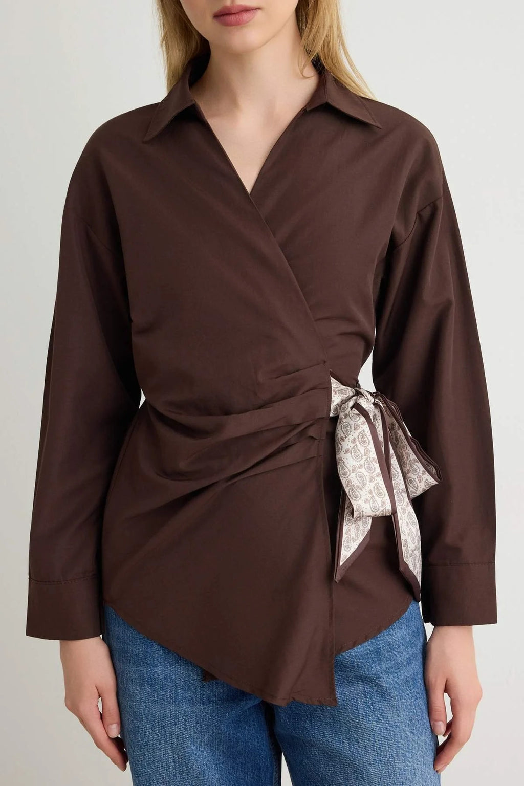Collared Long Sleeve Wrap Detail Blouse