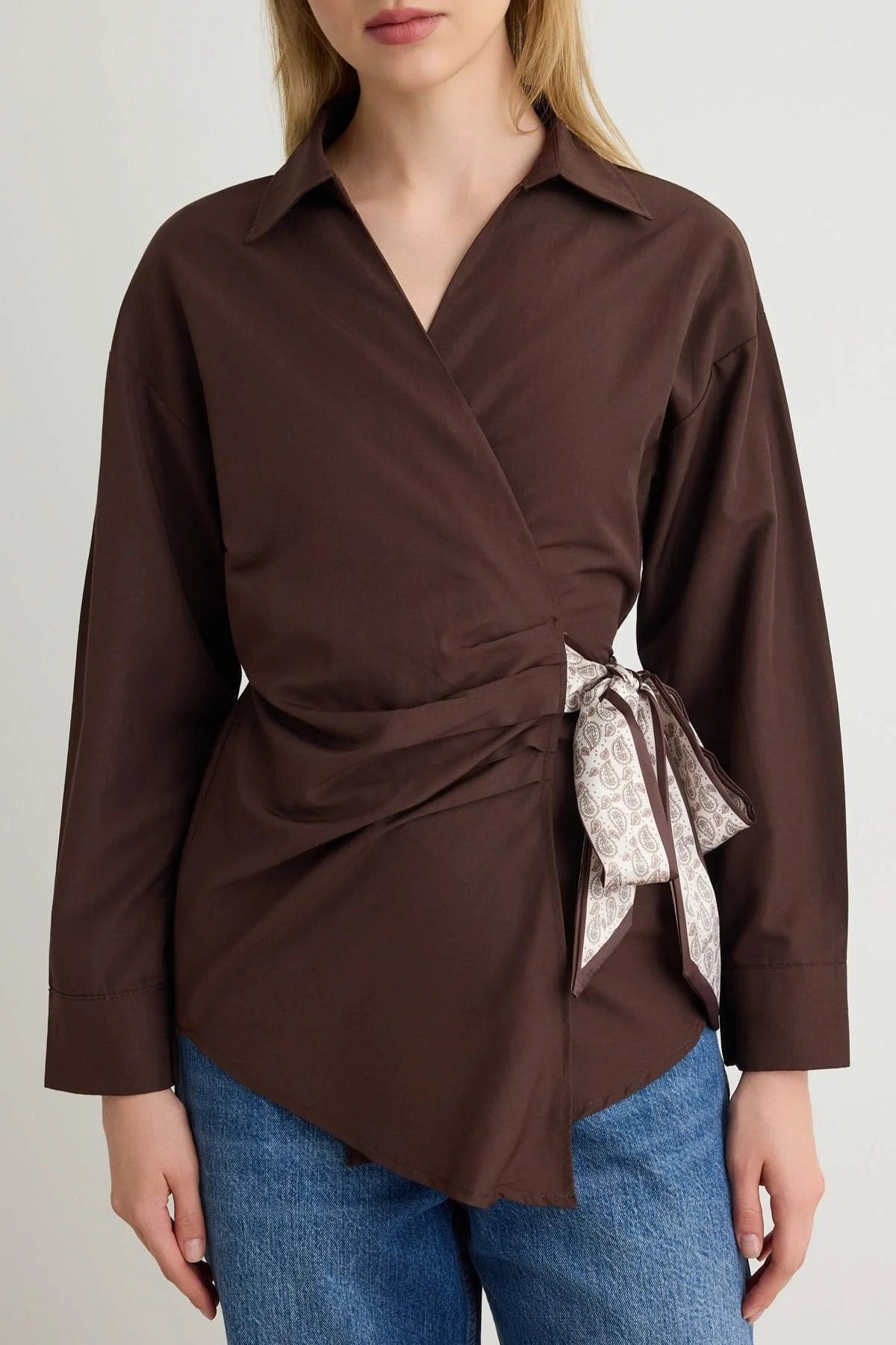 Collared Long Sleeve Wrap Detail Blouse