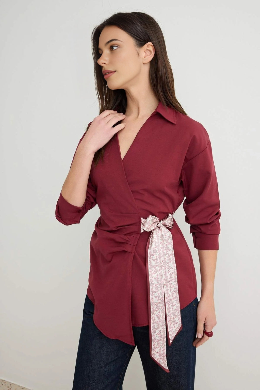 Collared Long Sleeve Wrap Detail Blouse