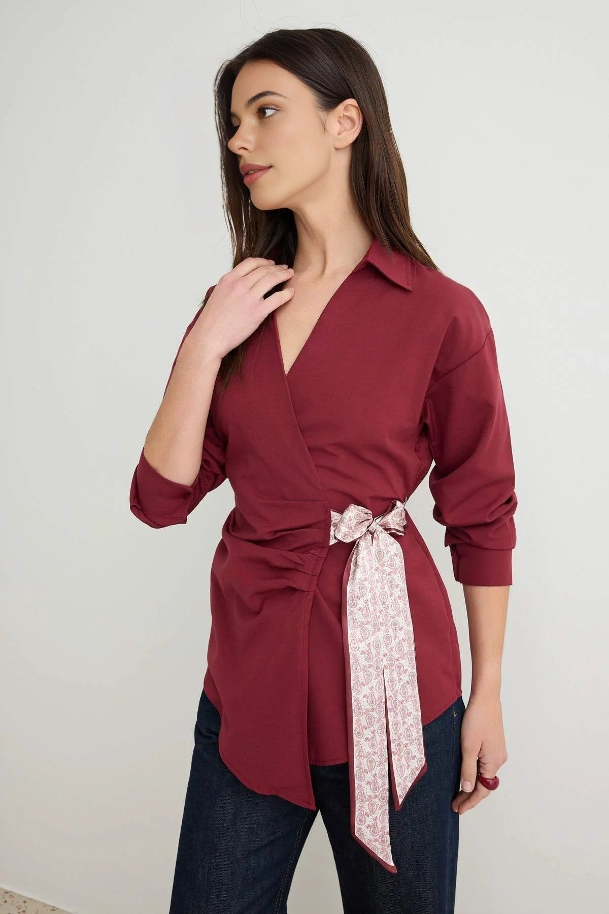 Collared Long Sleeve Wrap Detail Blouse