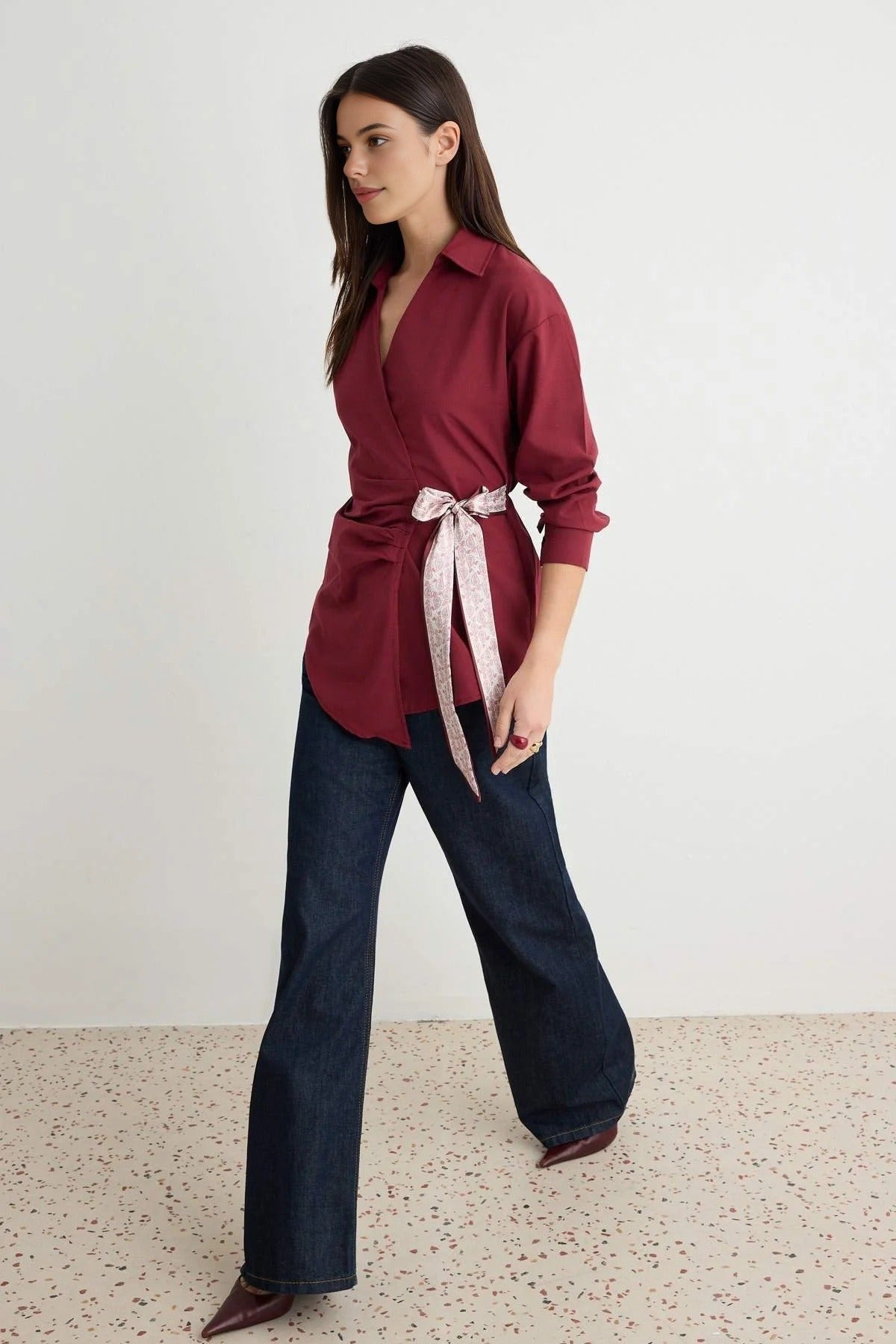 Collared Long Sleeve Wrap Detail Blouse