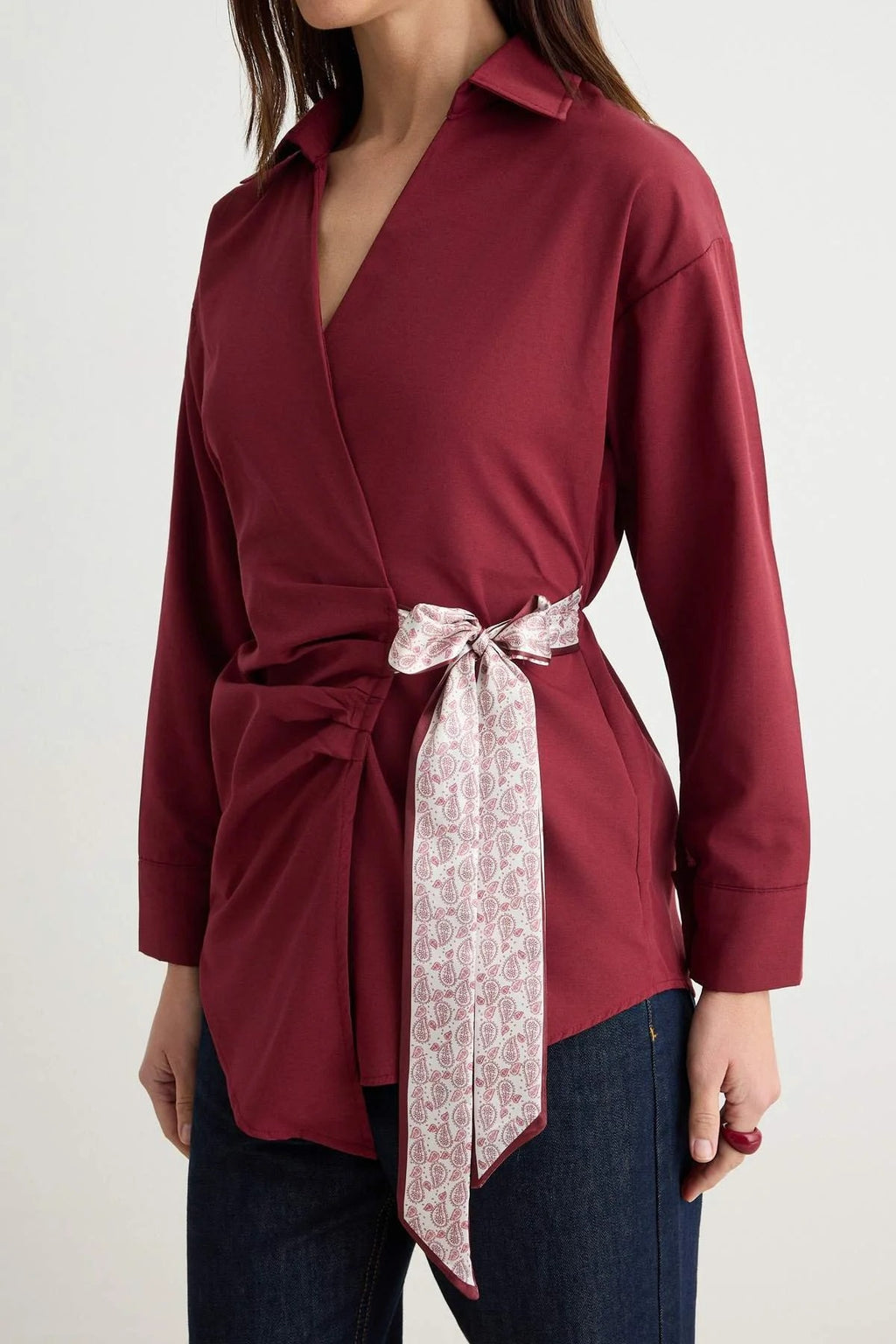 Collared Long Sleeve Wrap Detail Blouse