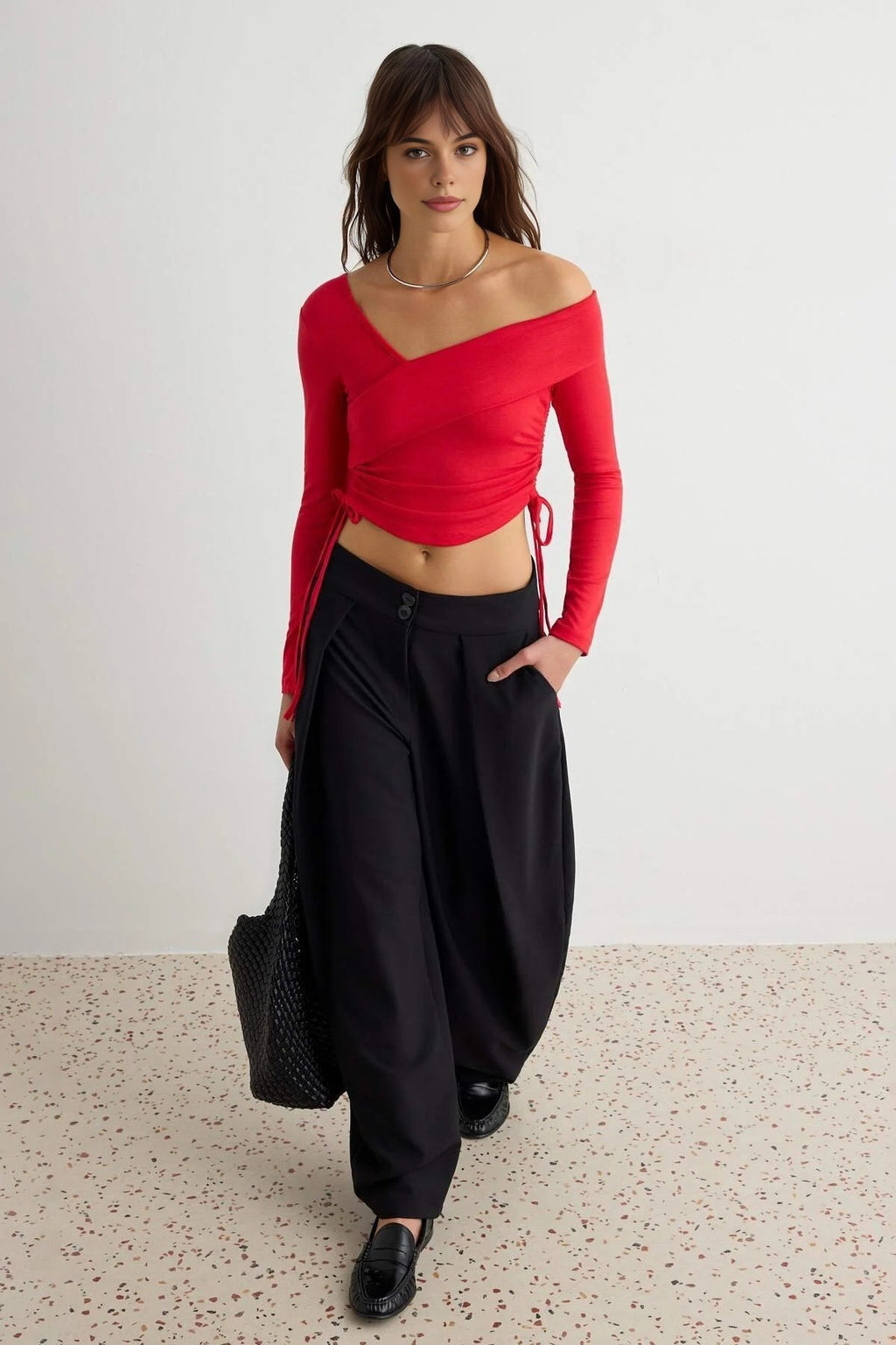 Asymmetric Neck Padded Super Crop Fitted Long Sleeve Blouse
