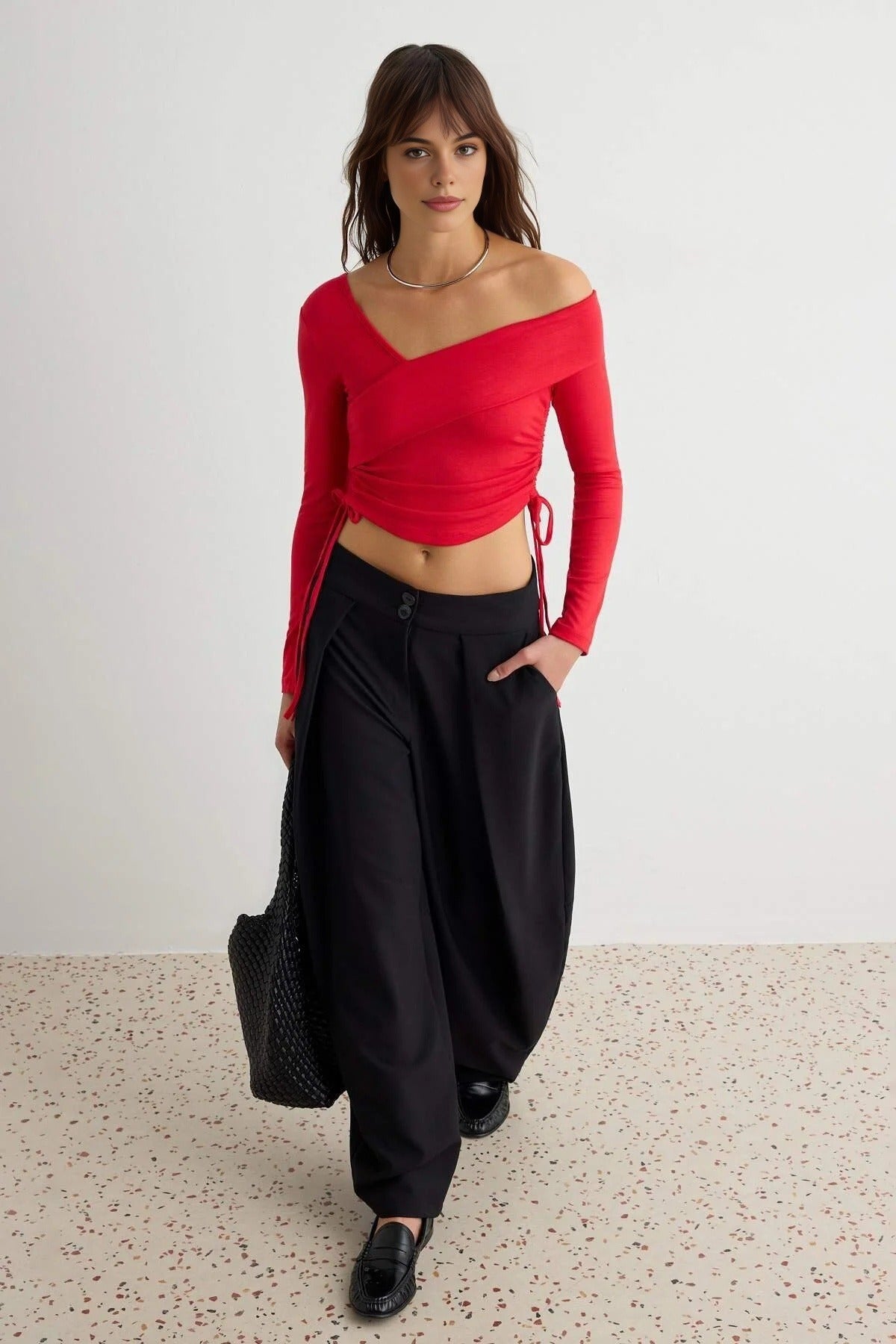 Asymmetric Neck Padded Super Crop Fitted Long Sleeve Blouse