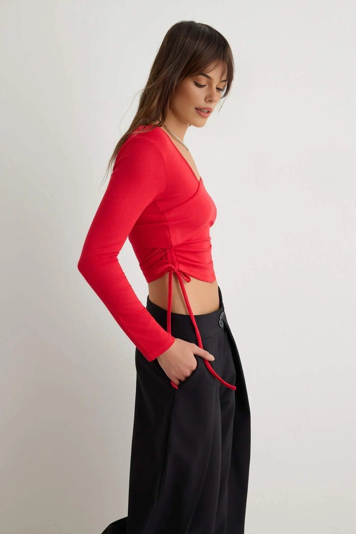 Asymmetric Neck Padded Super Crop Fitted Long Sleeve Blouse
