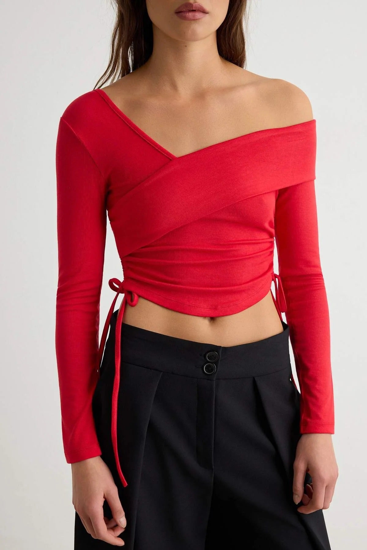 Asymmetric Neck Padded Super Crop Fitted Long Sleeve Blouse