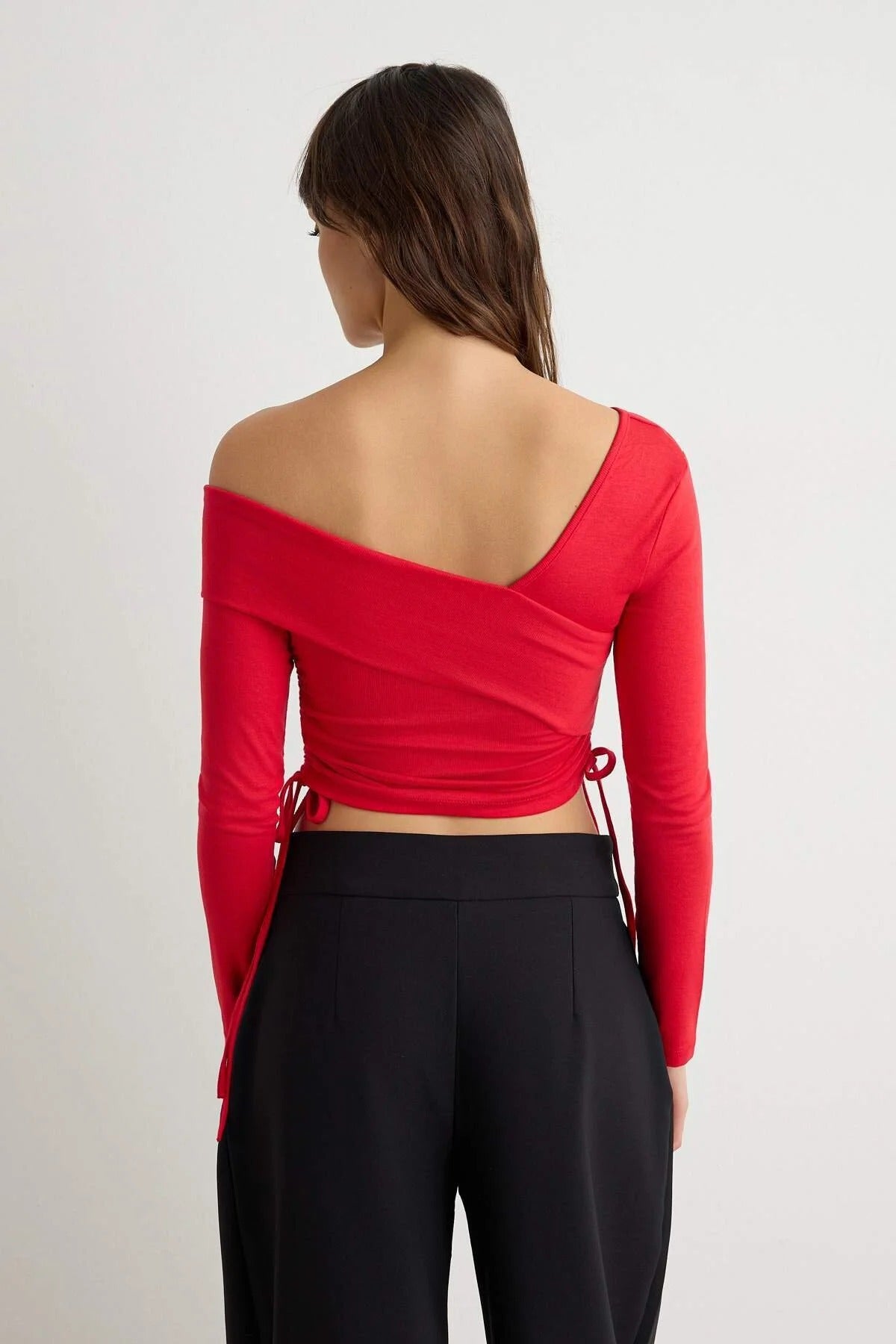 Asymmetric Neck Padded Super Crop Fitted Long Sleeve Blouse