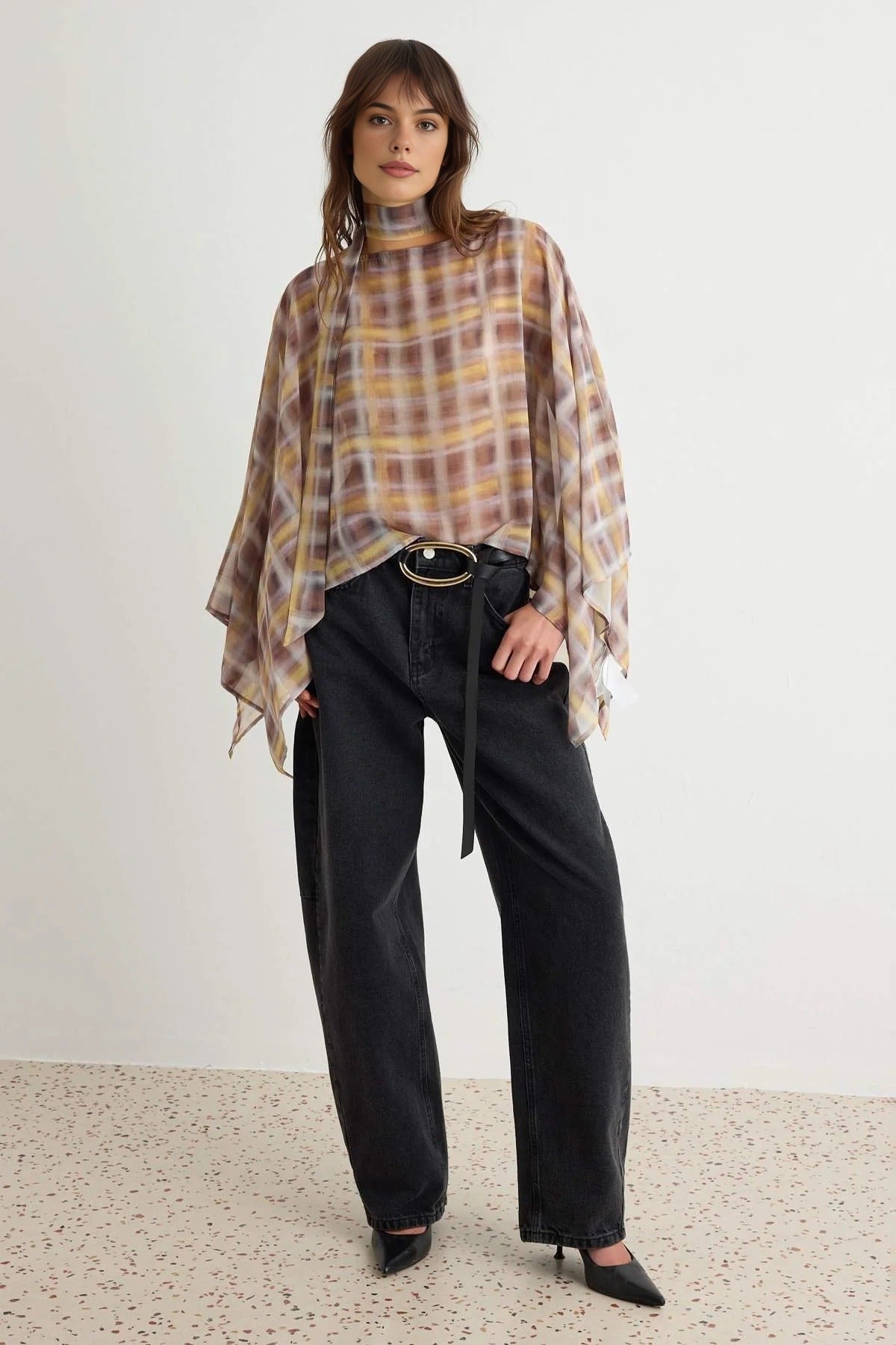 Scarf Detail Oversized Long Sleeve Blouse