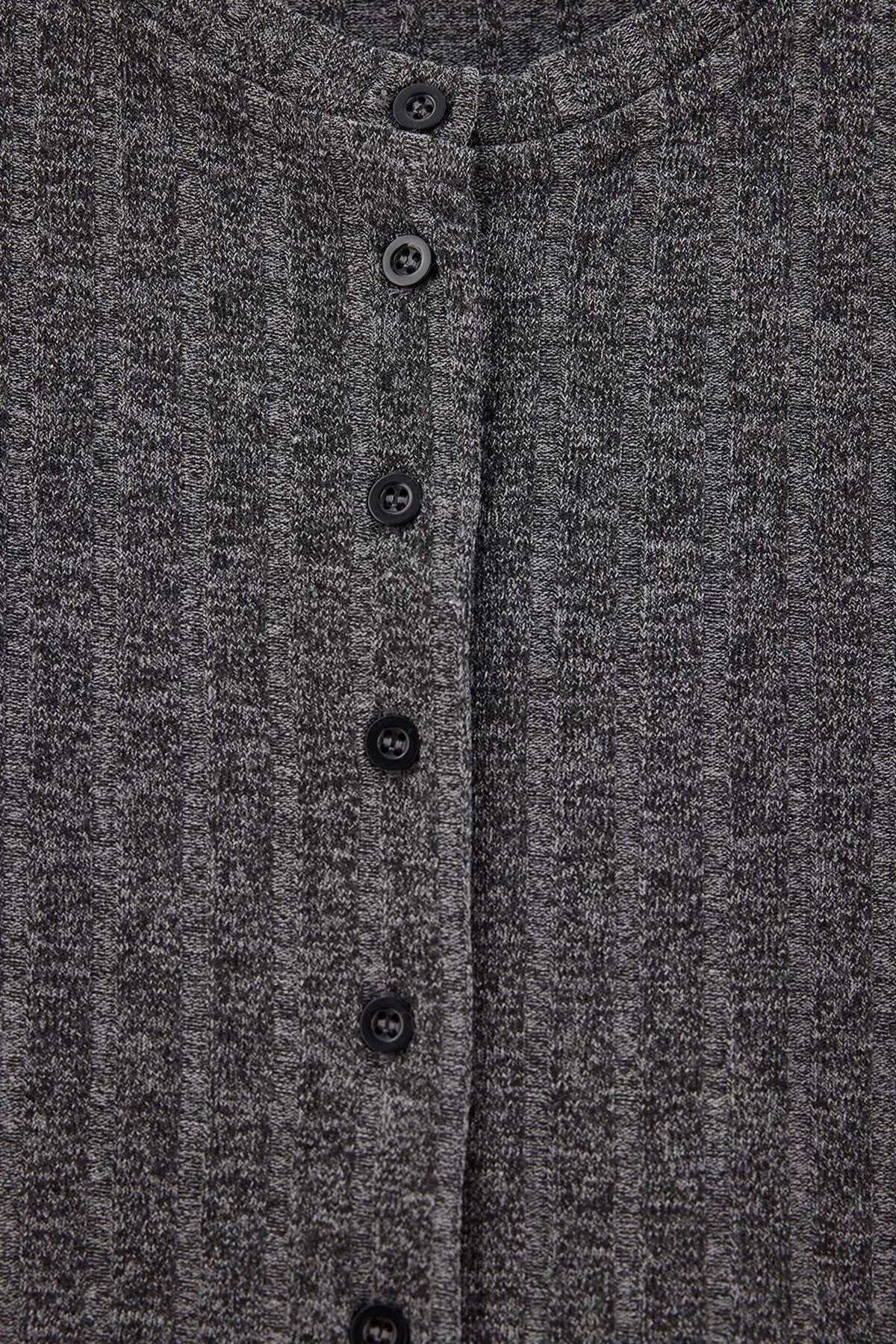 Button Detail Crew Neck Fitted Knit Blouse