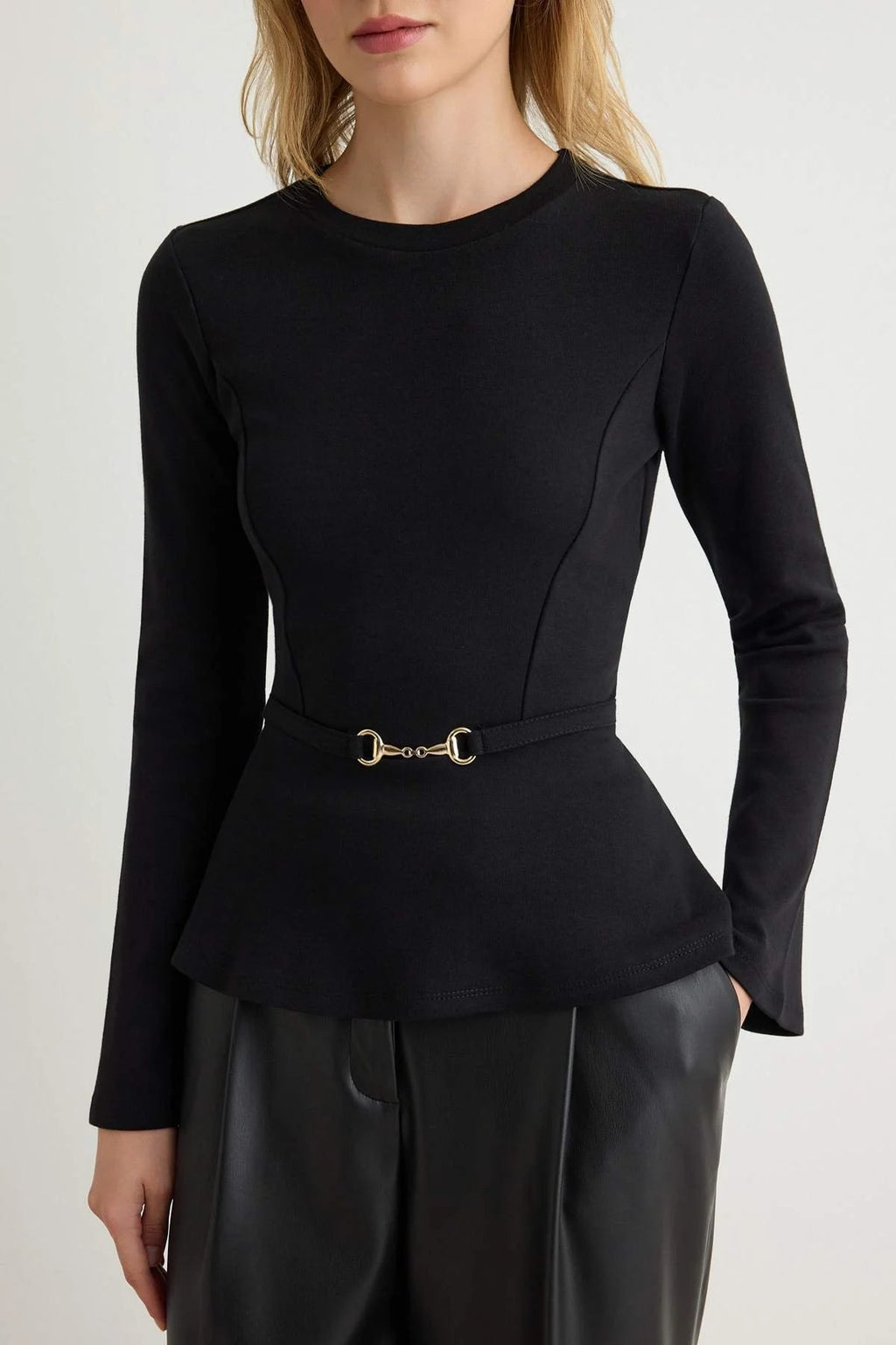 Bicycle Neck Peplum Accessory Detail Long Sleeve Blouse