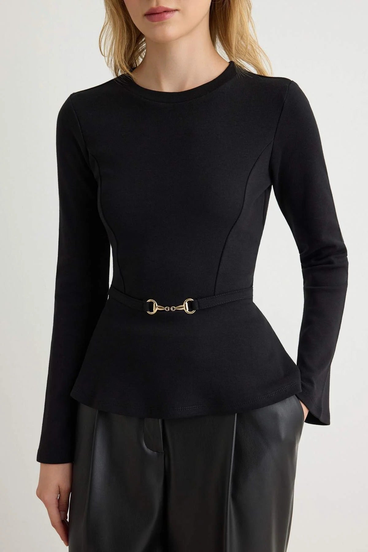 Bicycle Neck Peplum Accessory Detail Long Sleeve Blouse