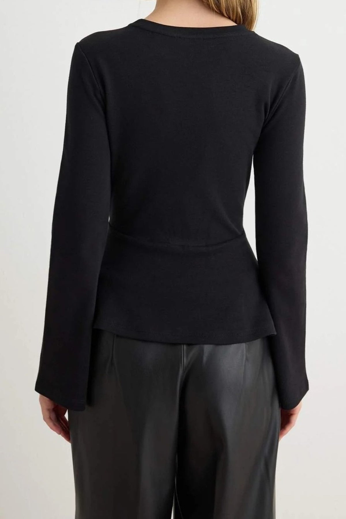 Bicycle Neck Peplum Accessory Detail Long Sleeve Blouse