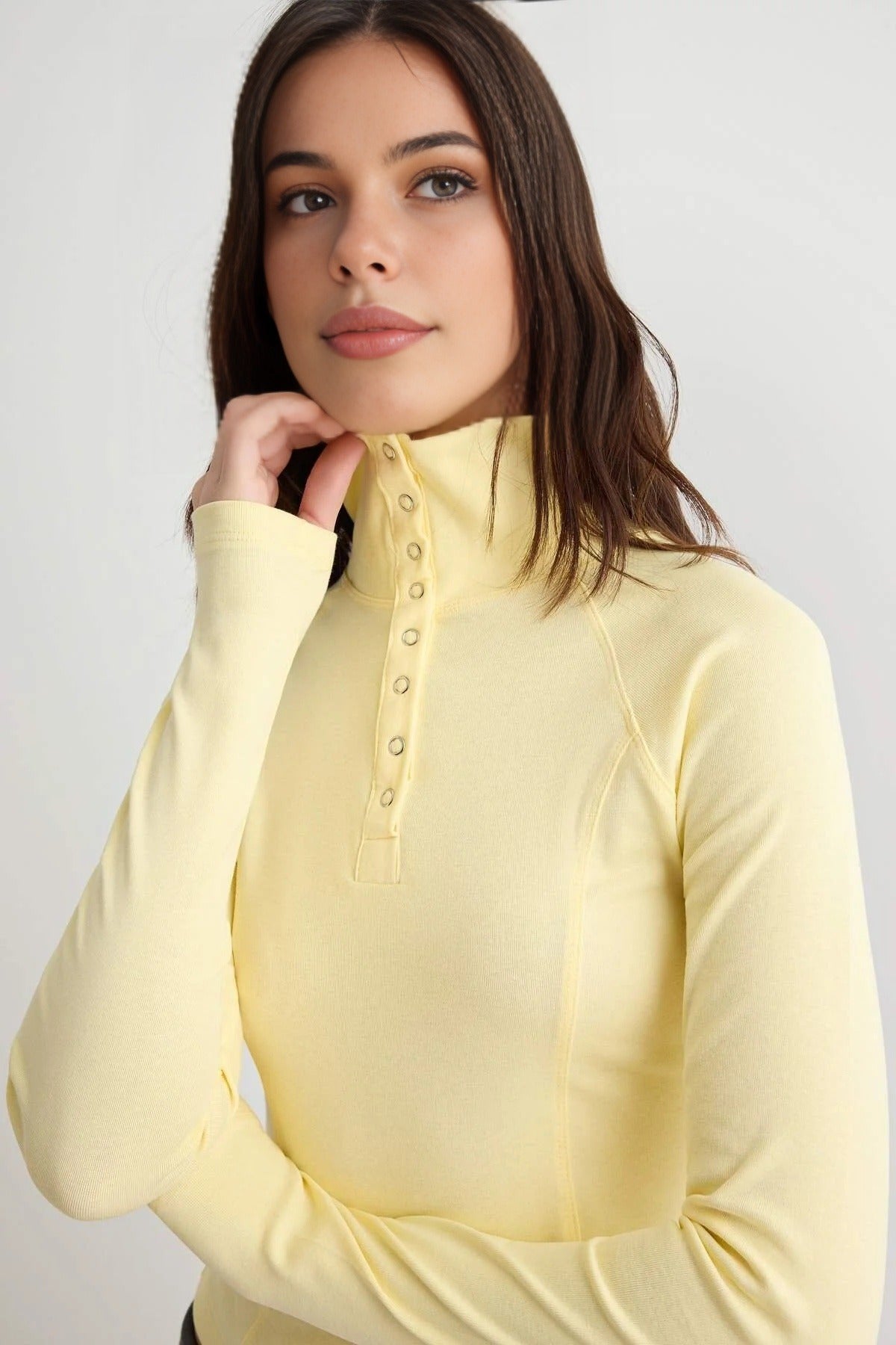 High Neck Snap Button Detail Long Sleeve Fitted Blouse