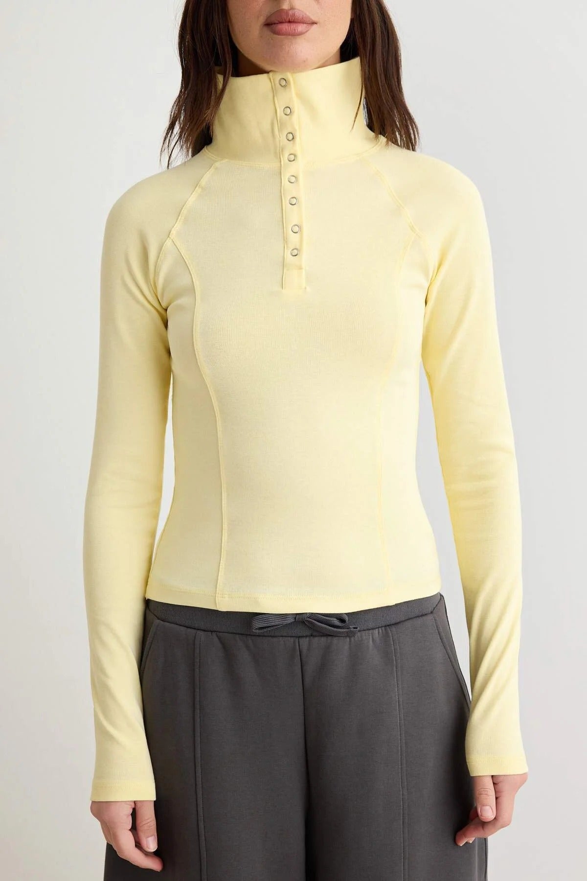 High Neck Snap Button Detail Long Sleeve Fitted Blouse