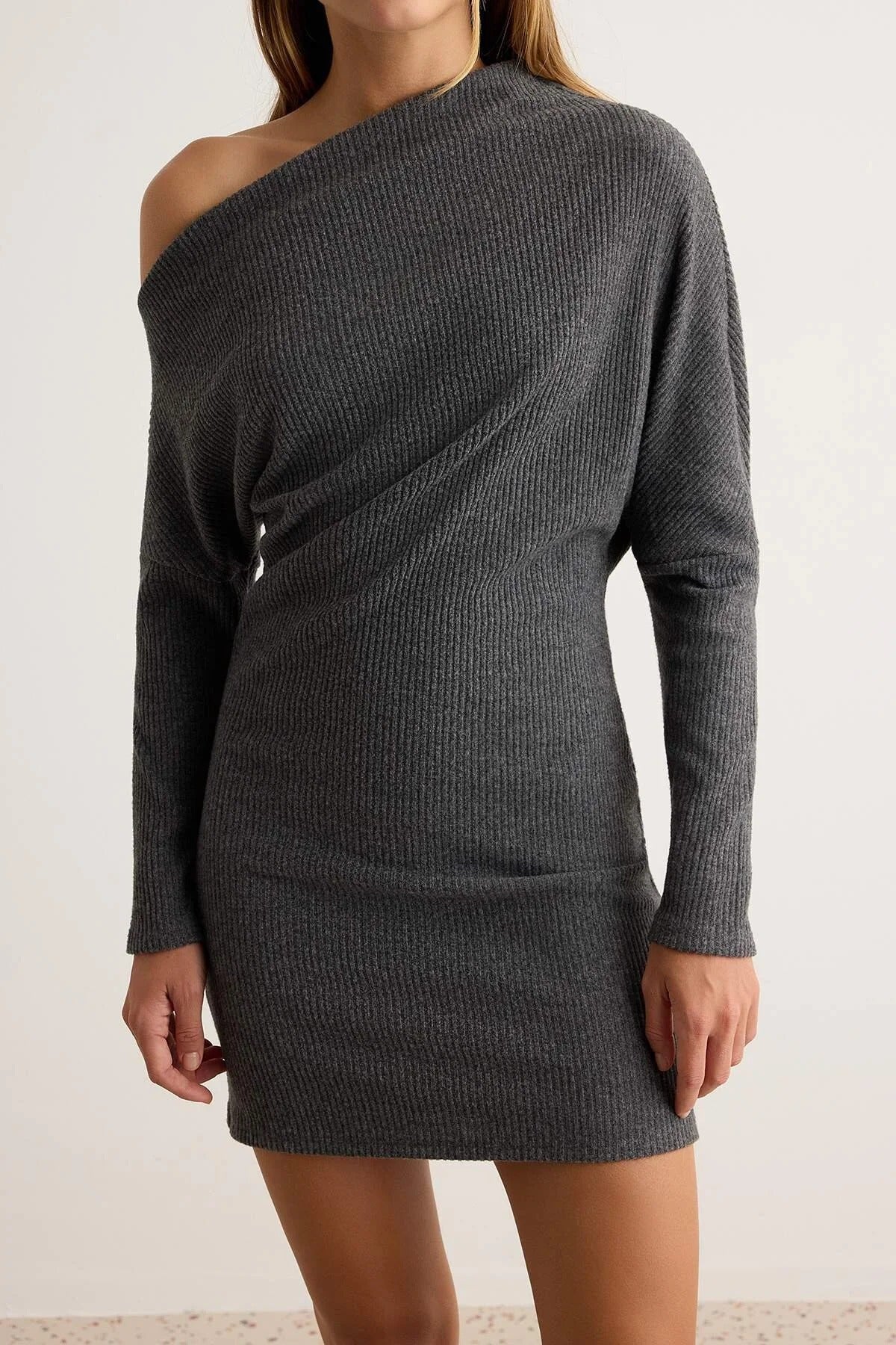 Asymmetric Neck Drop Shoulder Short Sleeve Mini A-Line Dress