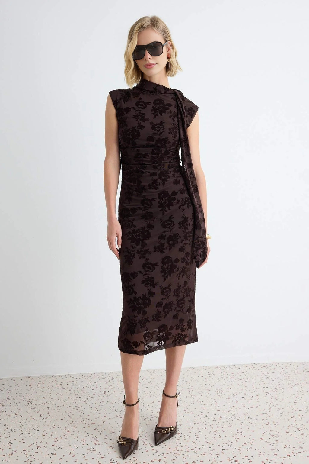 High Neck Sleeveless Bodycon Midi Tulle Dress