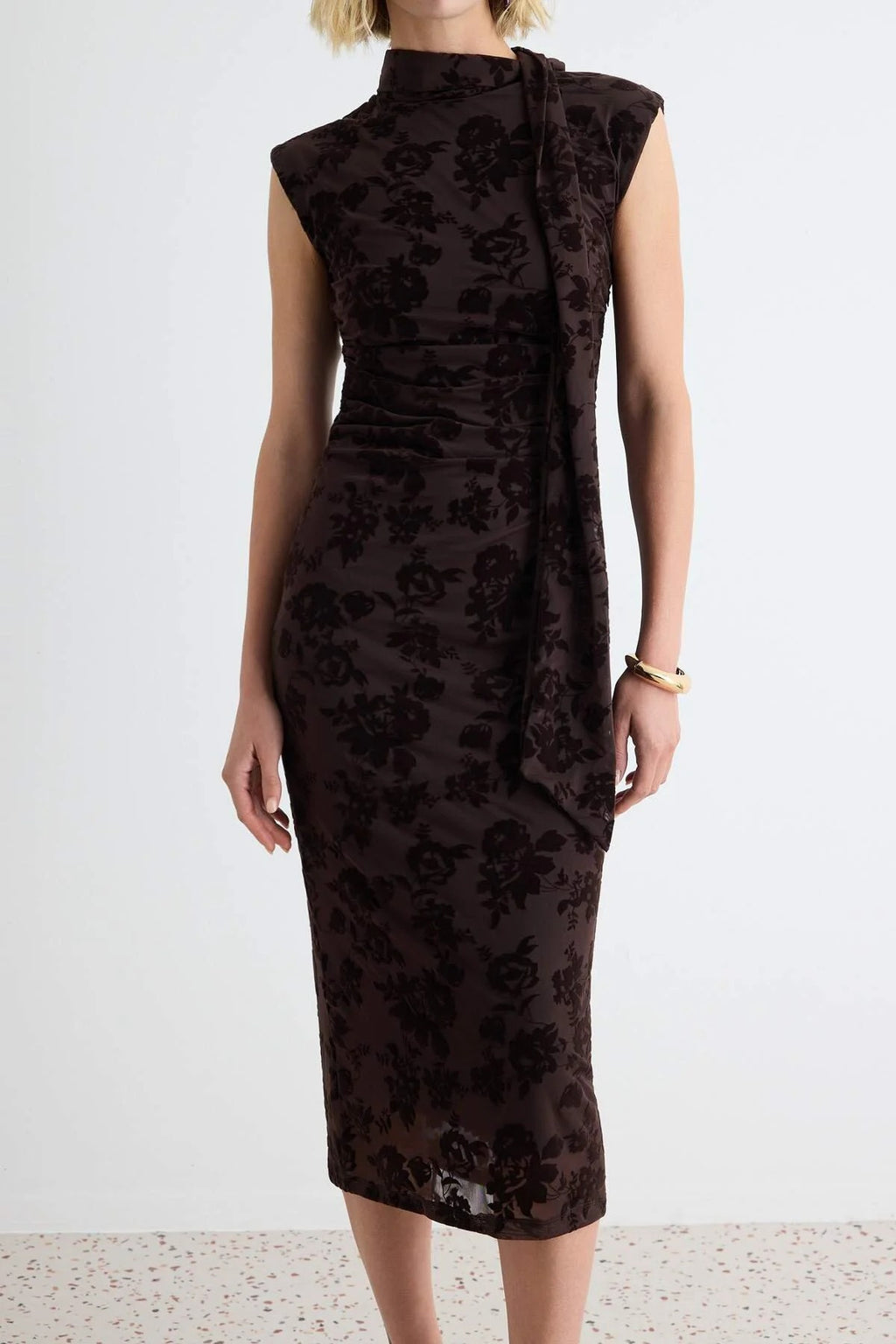 High Neck Sleeveless Bodycon Midi Tulle Dress